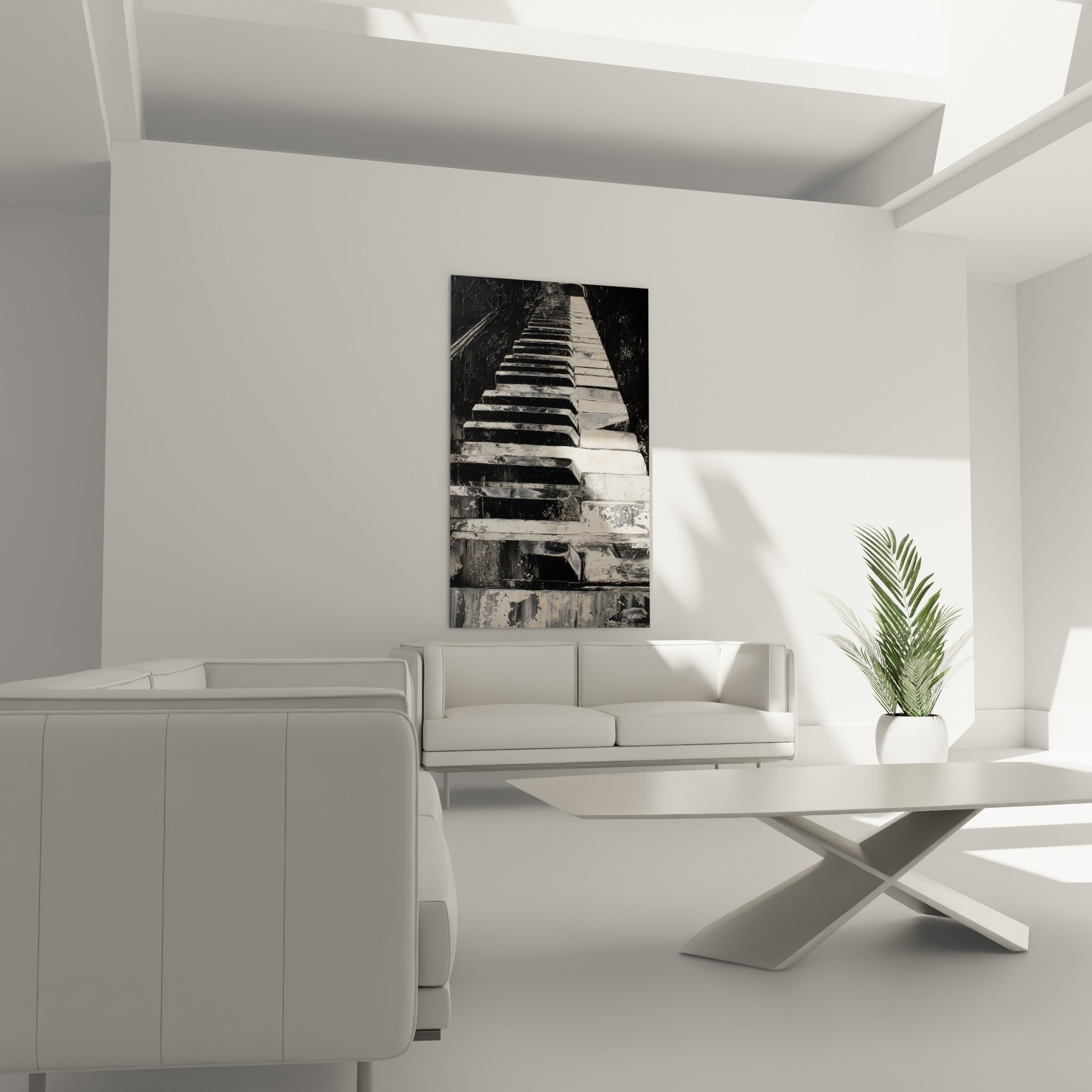 Touches de piano anthracite et ivoire en relief, suspendues au-dessus d'un canapé dans un salon lumineux
