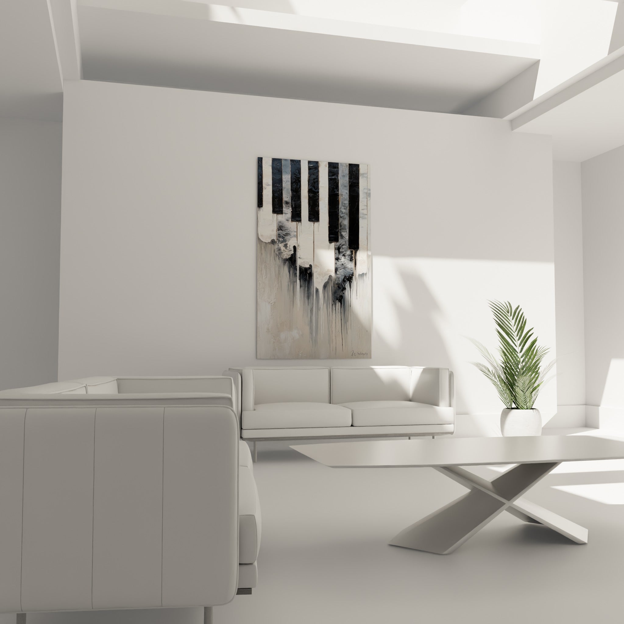 Touches de piano crème et noires striées de gris, suspendues au-dessus d'un canapé dans un salon lumineux