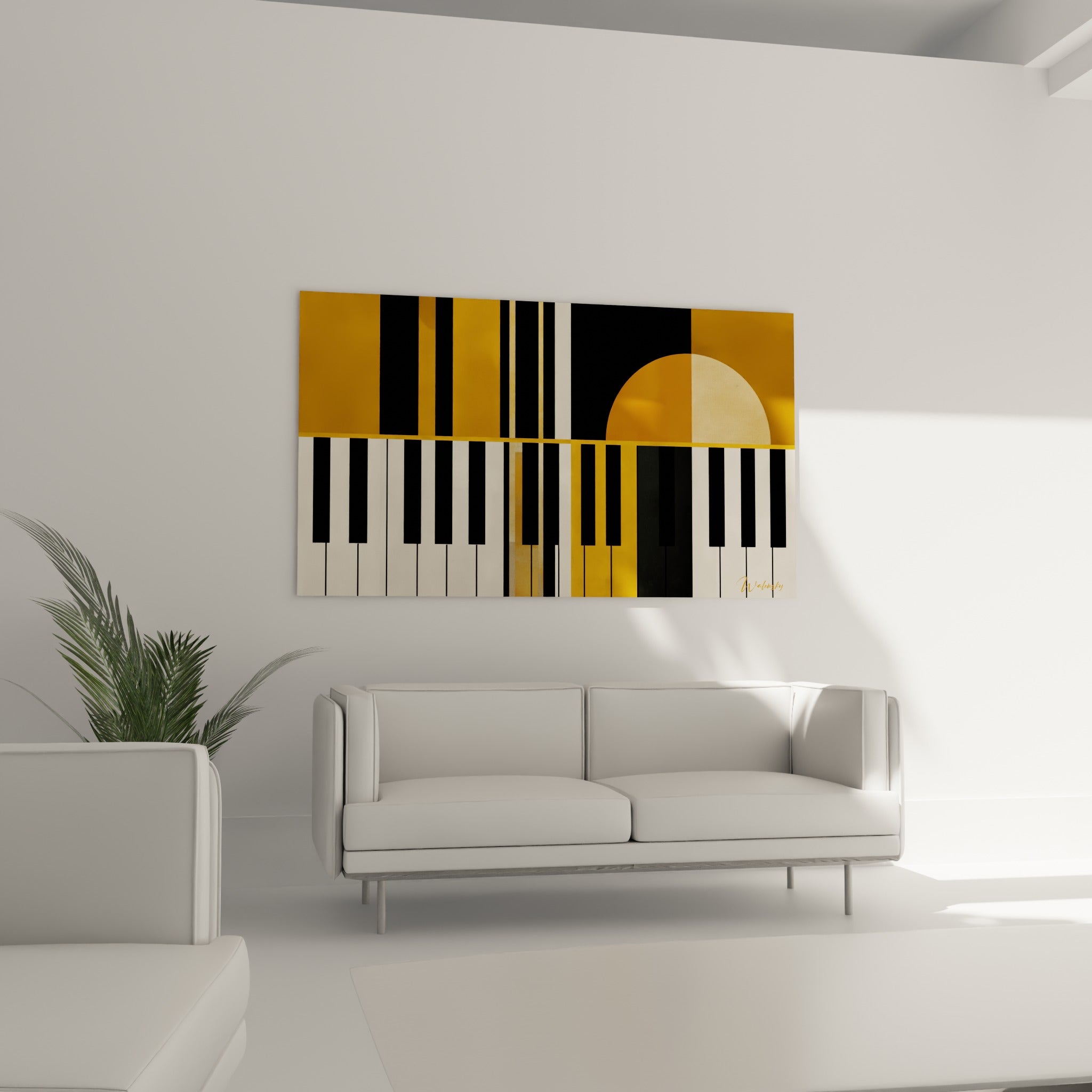 Touches noires et blanches surmontées d'un soleil doré stylisé, au-dessus d'un canapé dans un salon lumineux
