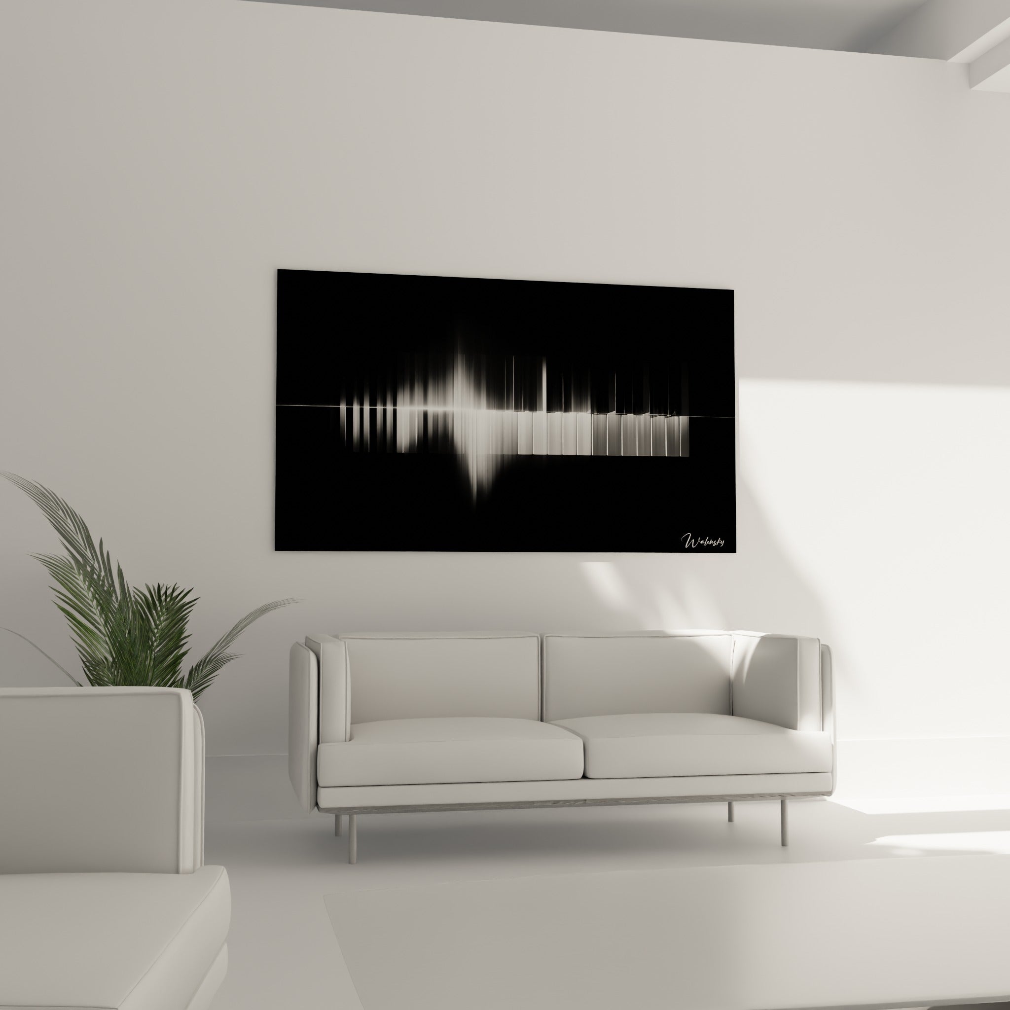 Touches musique fauve et blanches en fondu lumineux, au-dessus d'un canapé dans un salon lumineux