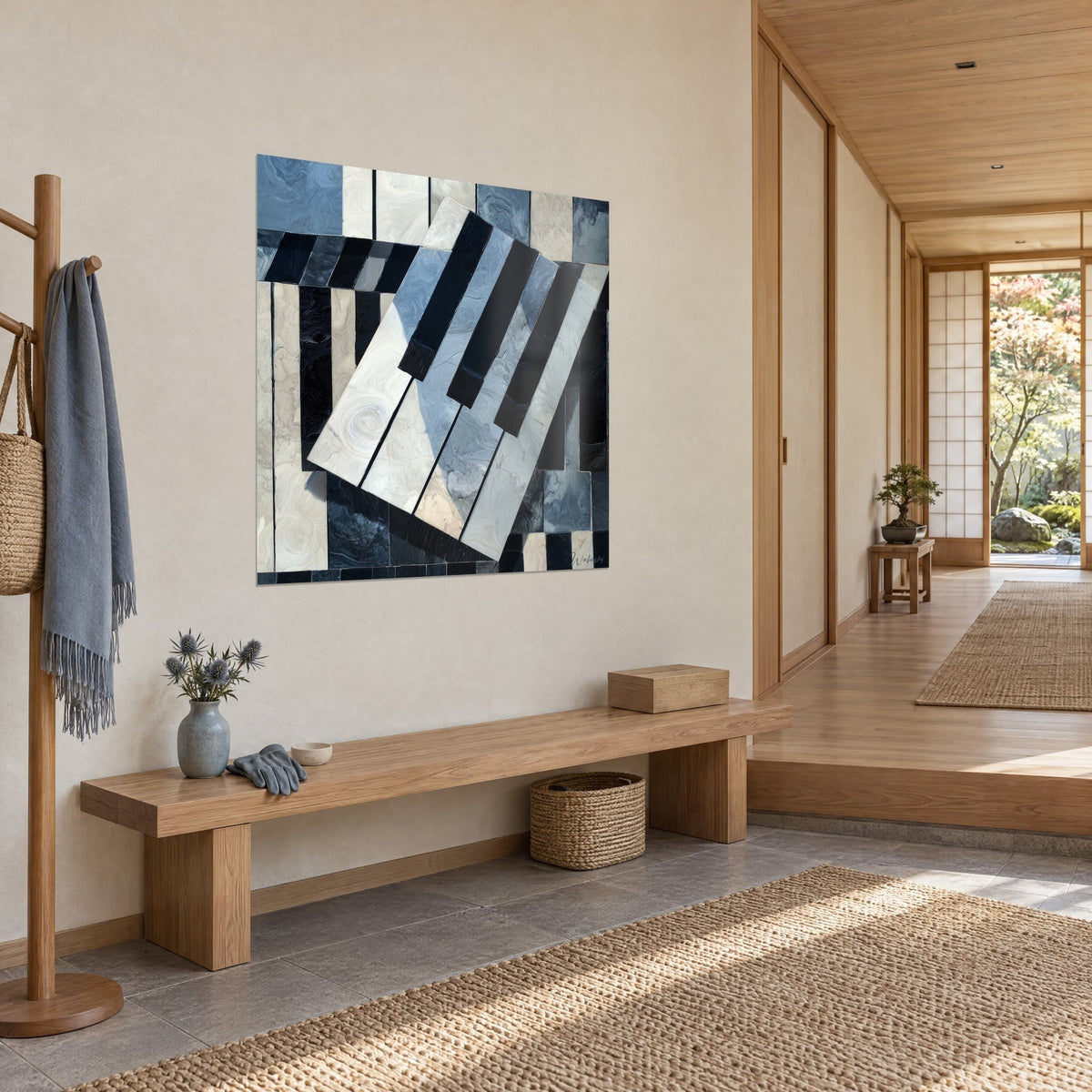 Cuadro teclas de marfil y ébano jaspeadas en antracita y blanco crema, pared beige junto a un banco de madera y un pasillo