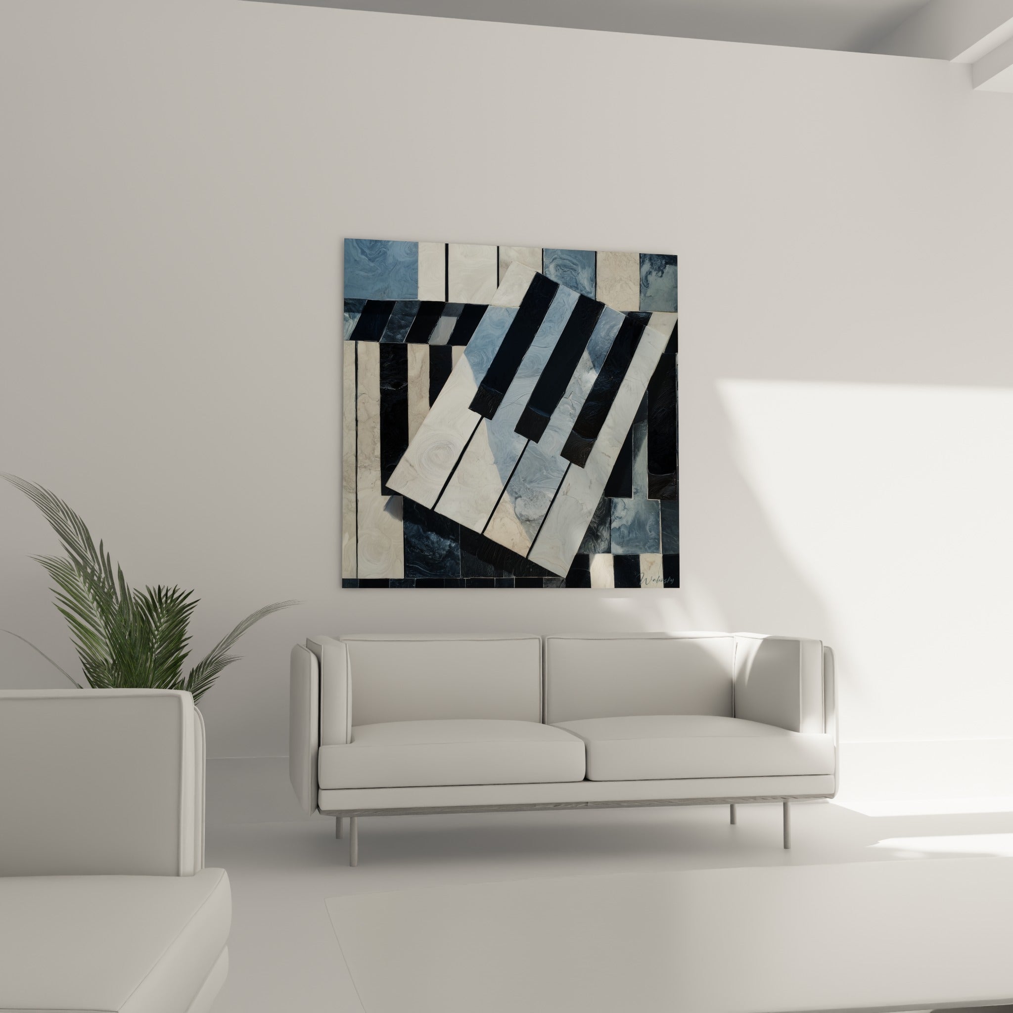 Touches noires et blanches marbrées d'un piano au-dessus d'un canapé dans un salon lumineux, jeu de reflets bleutés