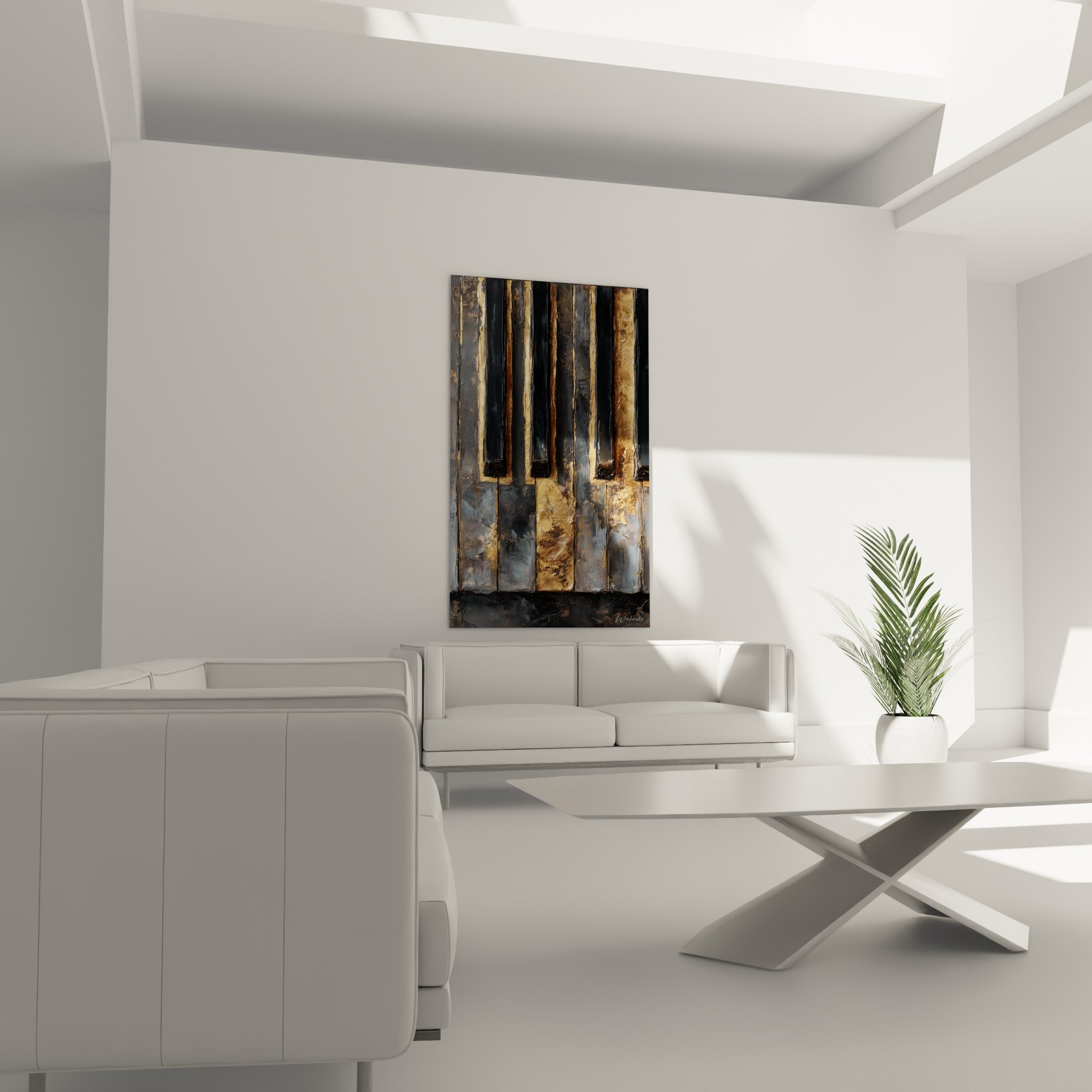 Instrument à touches noires et dorées accroché au-dessus d'un canapé dans un salon lumineux