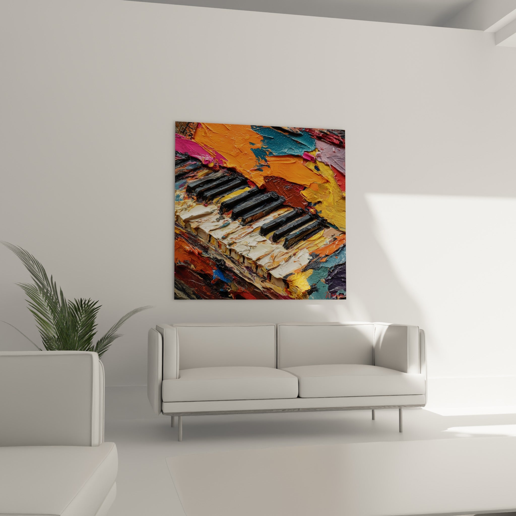 Clavier musical orange et bleu sarcelle en empâtements épais au-dessus d'un canapé dans un salon lumineux