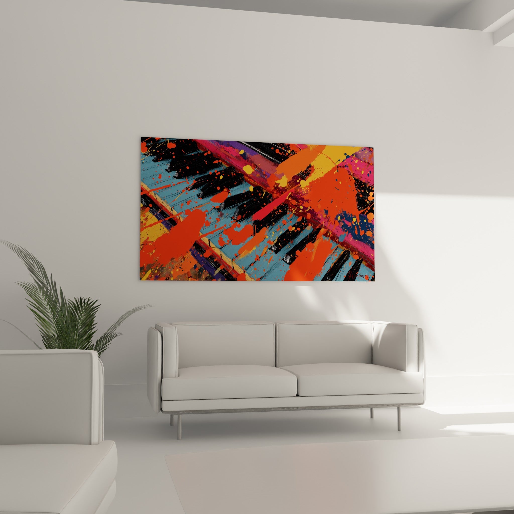 Composition musicale orange fauve et bleu pastel installée au-dessus d'un canapé dans un salon lumineux