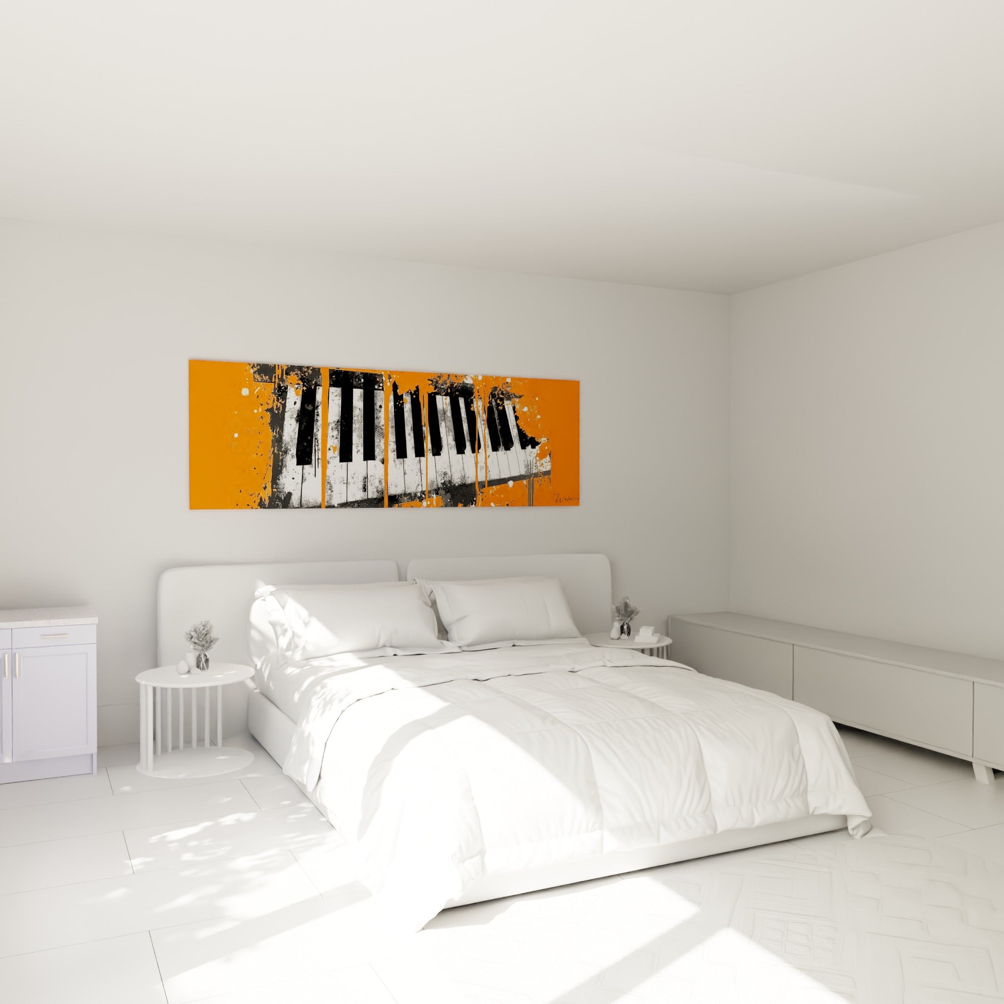 Touches de piano noires et blanches sur orange vif, au-dessus d'un lit dans une chambre claire