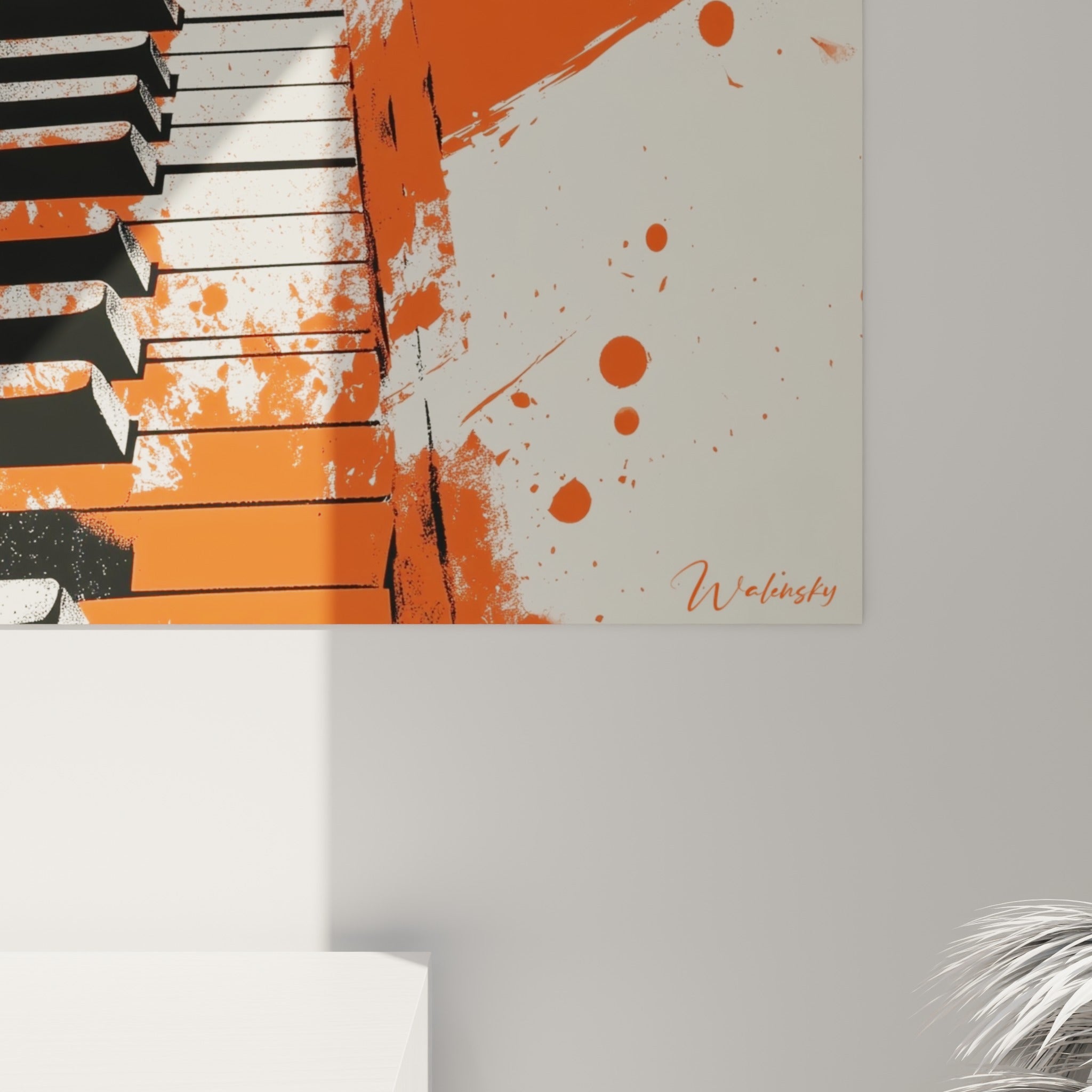 Détail des touches noires et blanches avec coulures orange vif révélant le grain de l'impression