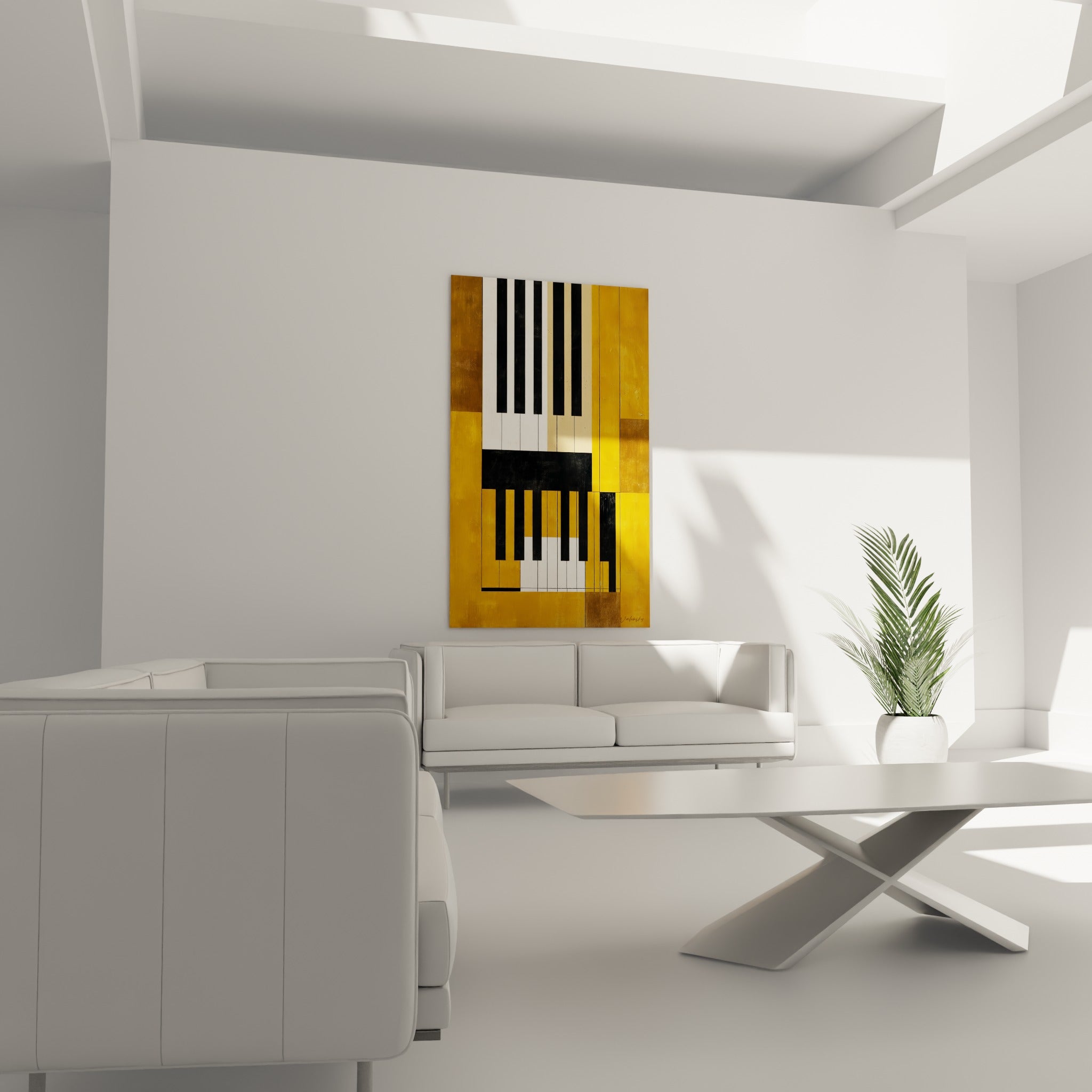 Composition graphique d'un clavier musical doré et noir, au-dessus d'un canapé dans un salon lumineux