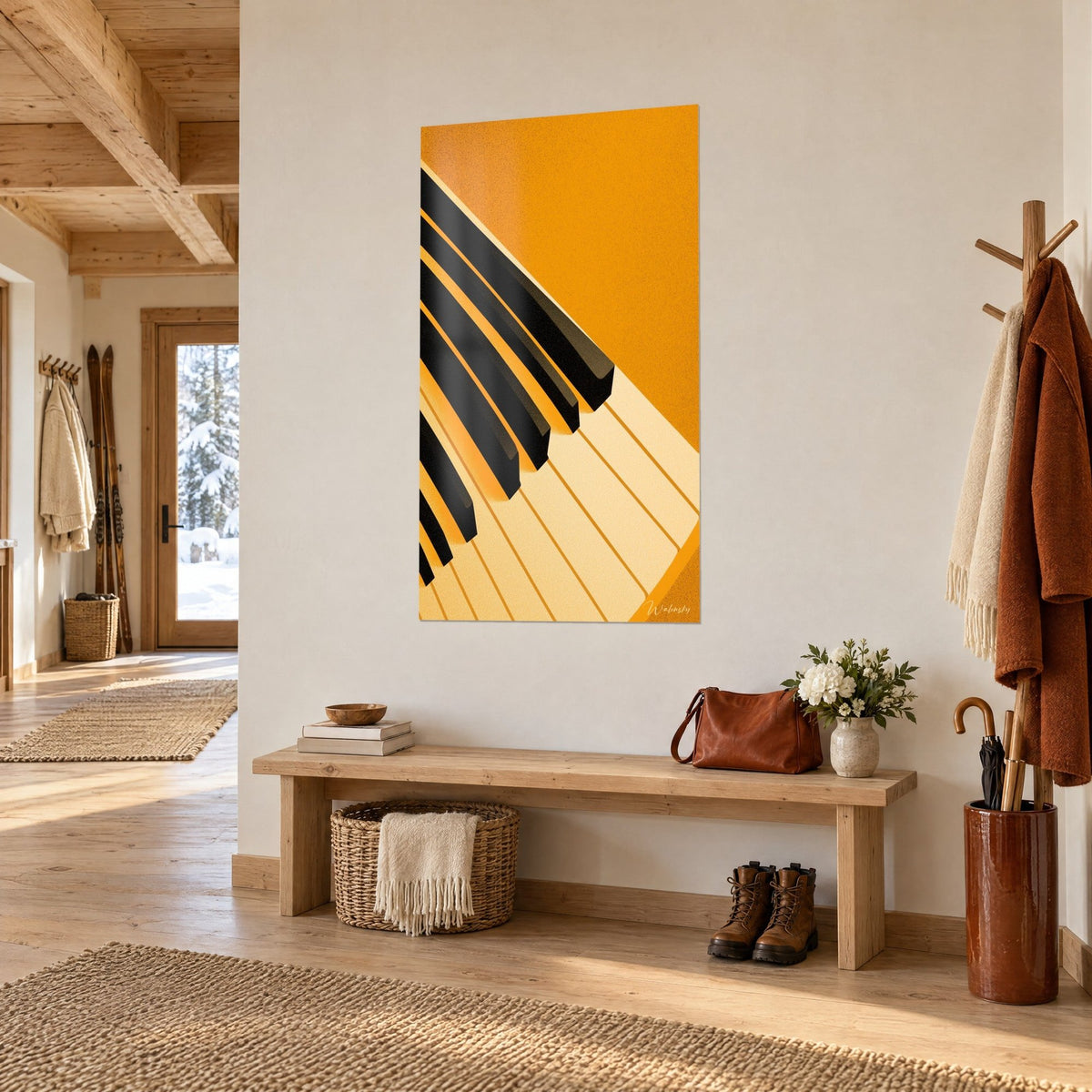 Tableau touches d'ivoire et ébène en diagonale, orange safran granuleux, mur blanc d'une entrée de chalet en bois clair