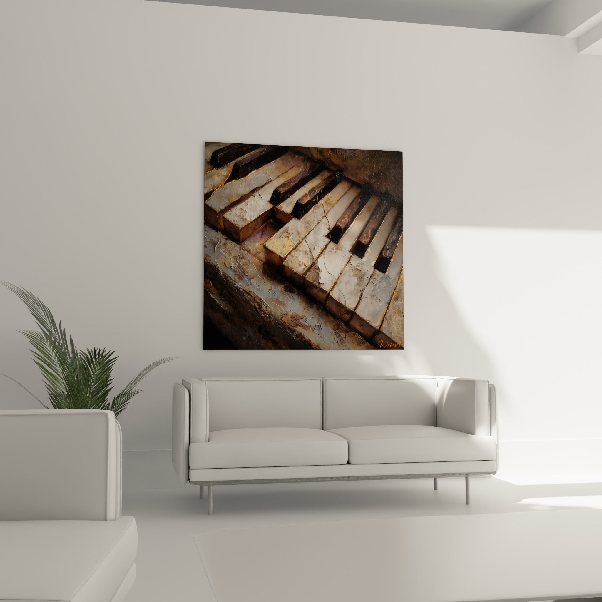 Musique en clavier fissuré doré et brun, accrochée au-dessus d'un canapé dans un salon lumineux