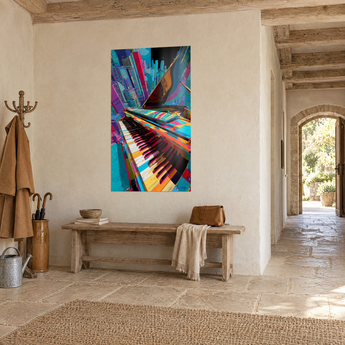 Wall art keyboard in dizzying perspective, ivory and burgundy keys, violet and cyan facades, vaulted stone hall