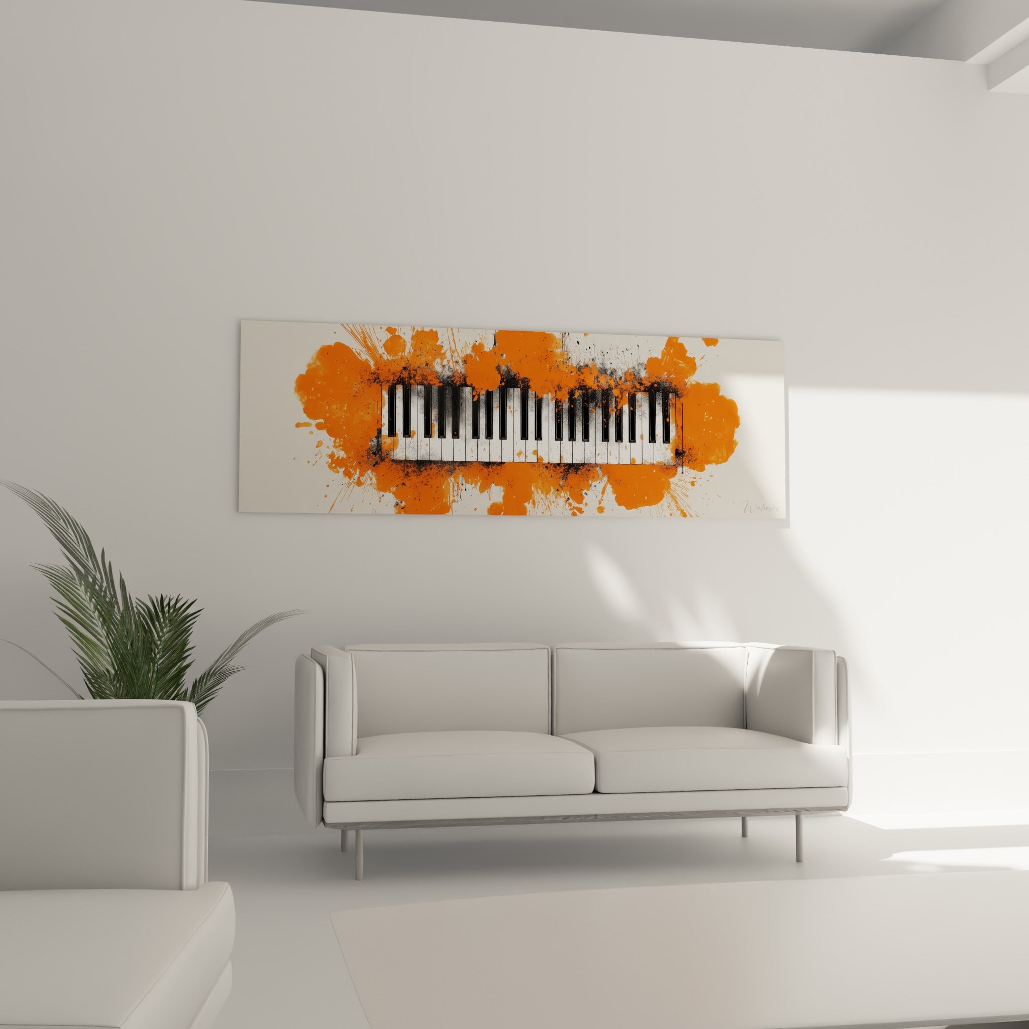 Instrument musical entouré de projections orange vif et traînées noires, au-dessus d'un canapé dans un salon lumineux