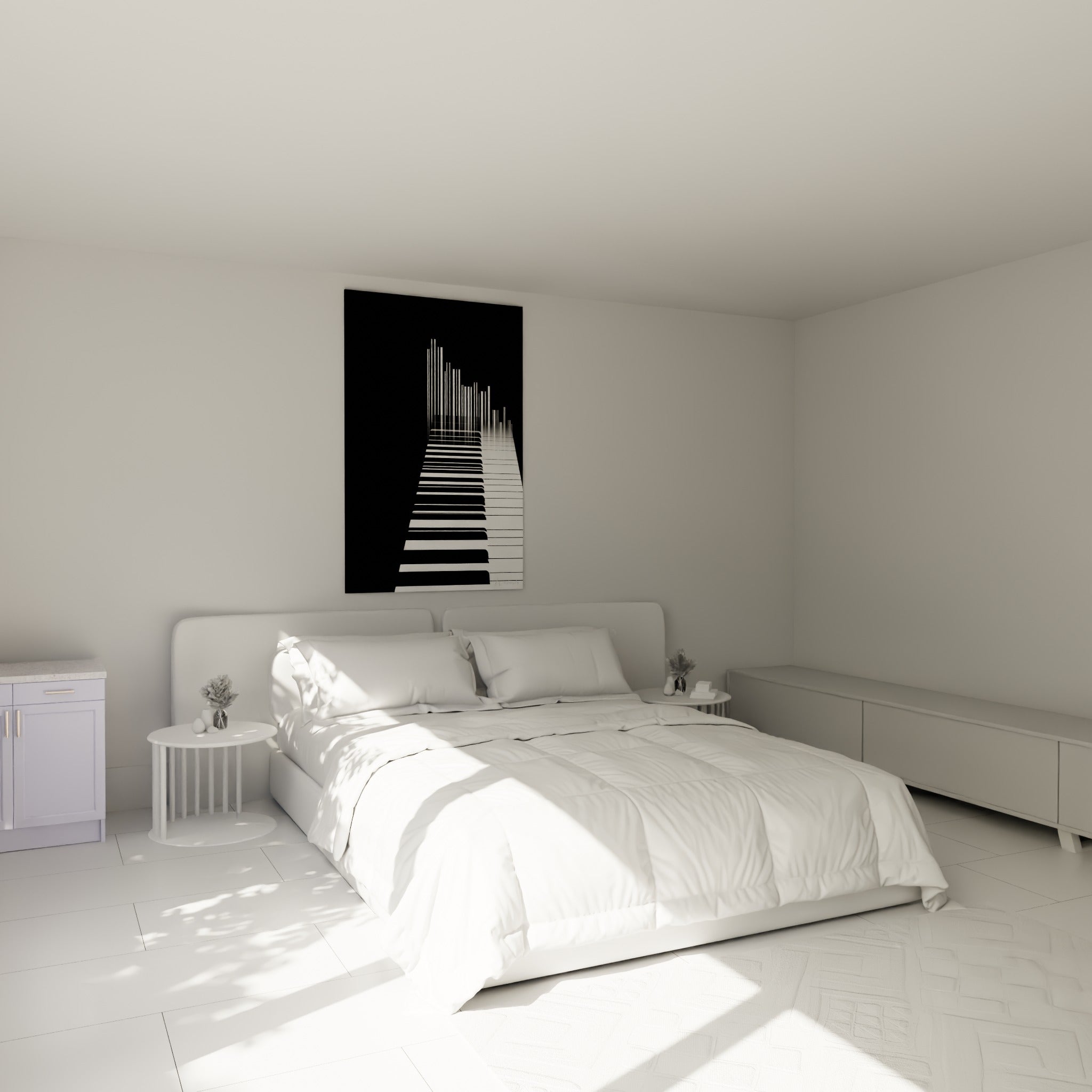Touches de piano anthracite et blanches en fuite, accrochées au-dessus d'un lit dans une chambre claire