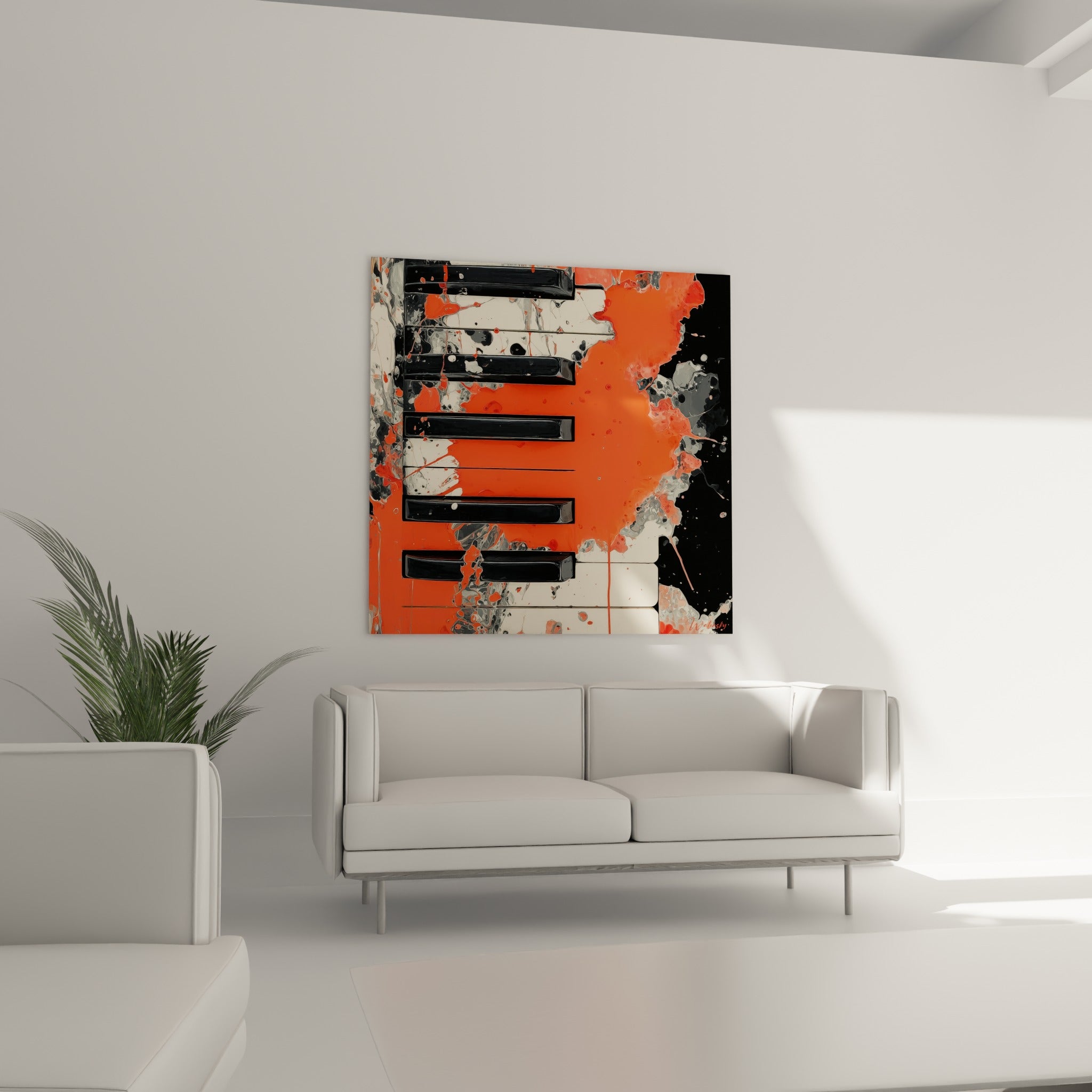 Piano éclaboussé de tons orange, noir et anthracite, suspendu au-dessus d'un canapé dans un salon lumineux