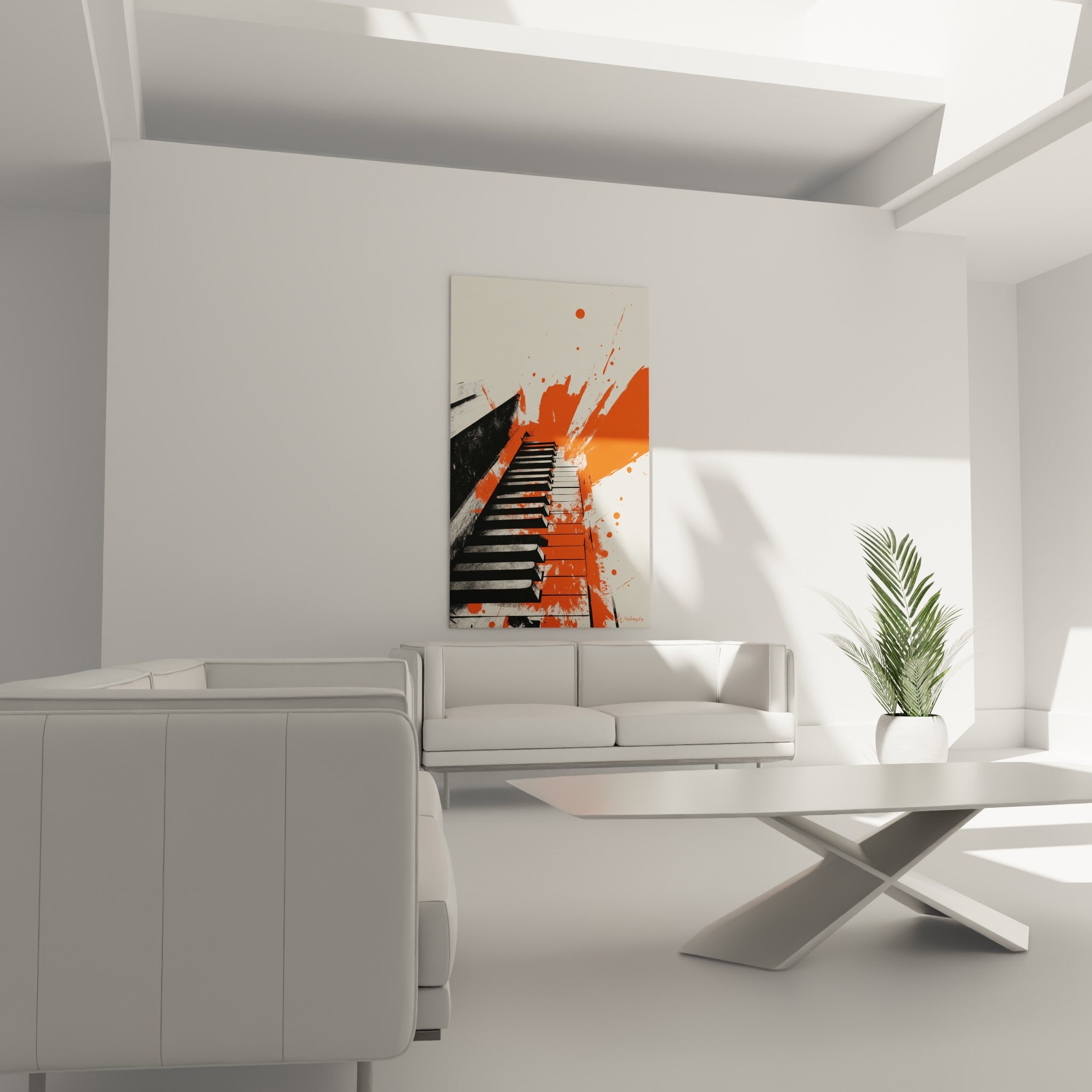 Instrument musical stylisé en orange et noir placé au-dessus d'un canapé dans un salon lumineux