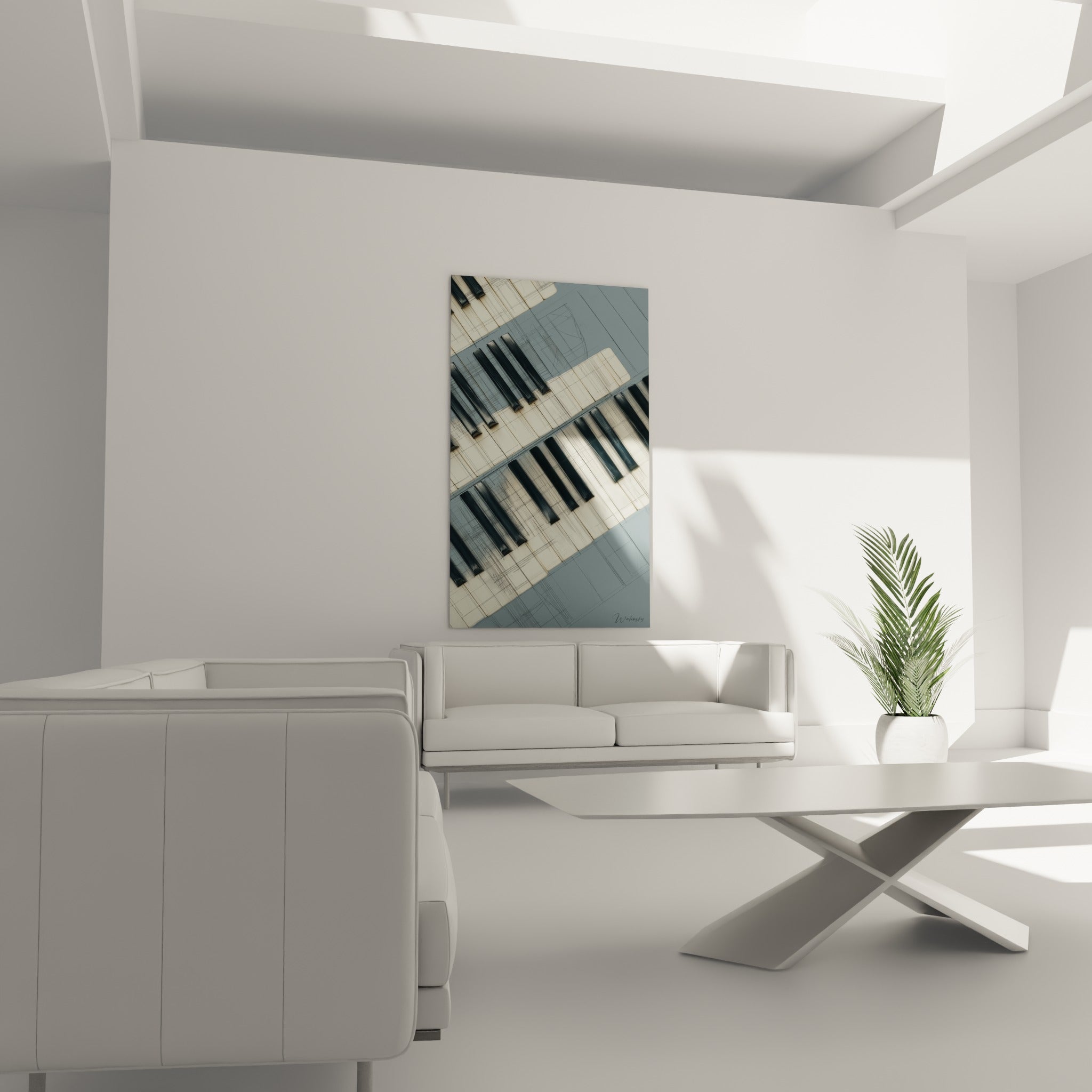 Lignes esquissées bleu ardoise traversant les touches ivoire du piano, au-dessus d'un canapé dans un salon lumineux