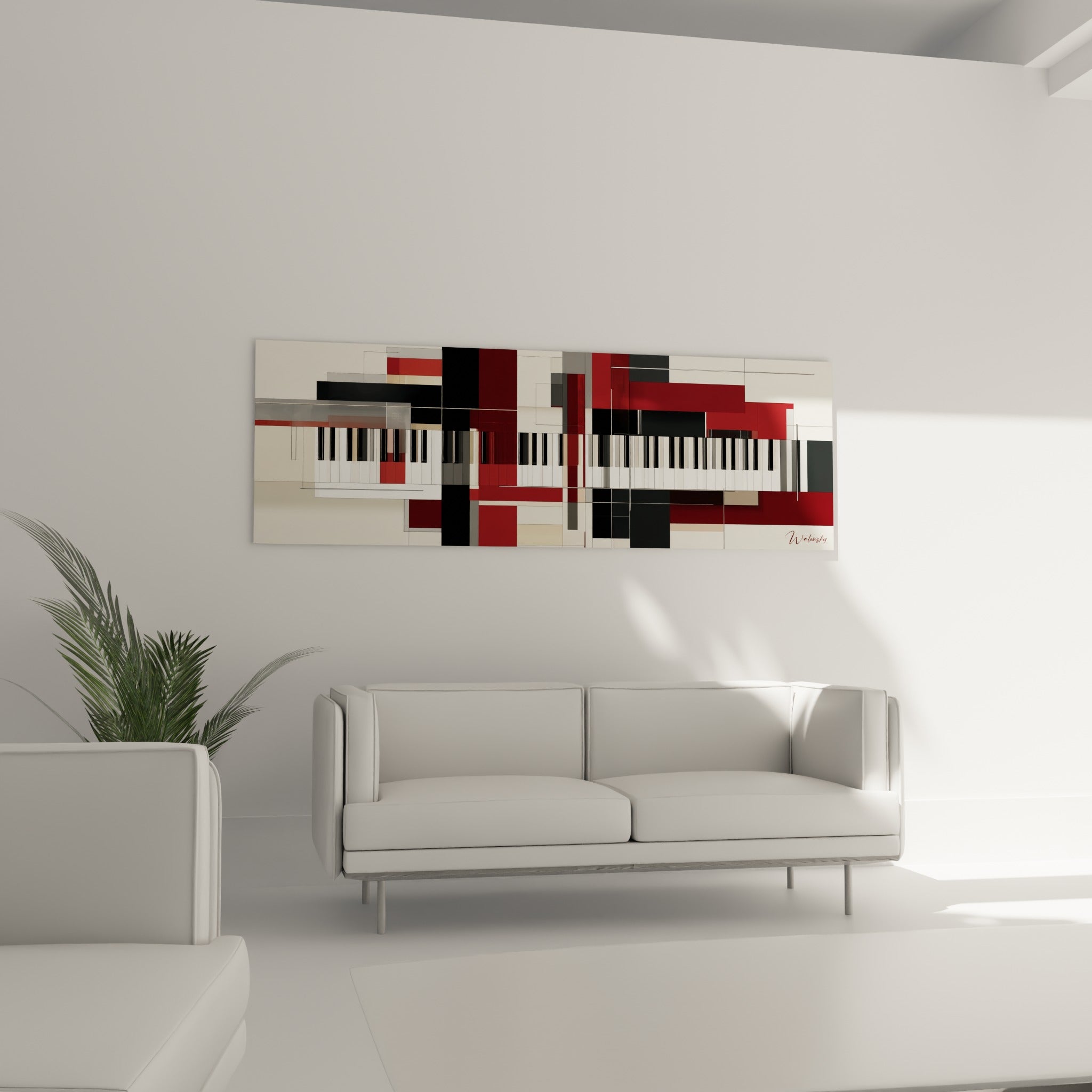 Clavier musical abstrait en blocs rouge bordeaux et gris, au-dessus d'un canapé dans un salon lumineux