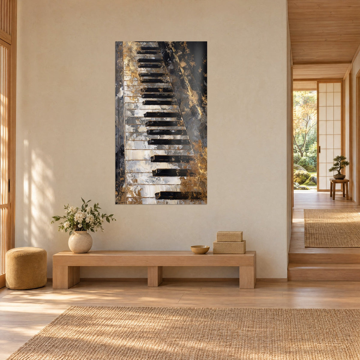Wall art ivory keys and ebony notes in thick impasto, golden reflections, beige wall of a japandi entryway, three-quarter view
