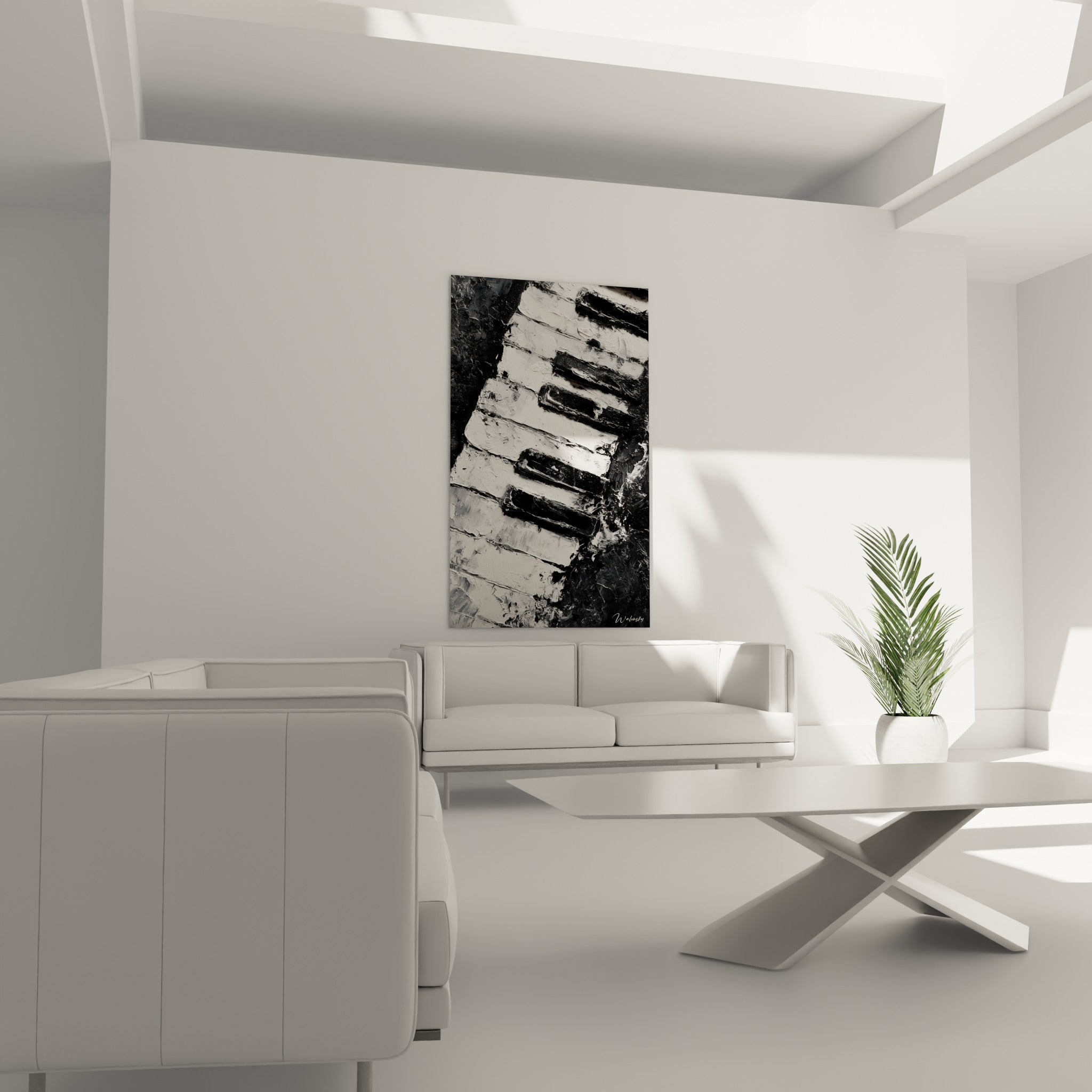 Clavier musical en relief noir et blanc, suspendu au-dessus d'un canapé dans un salon lumineux