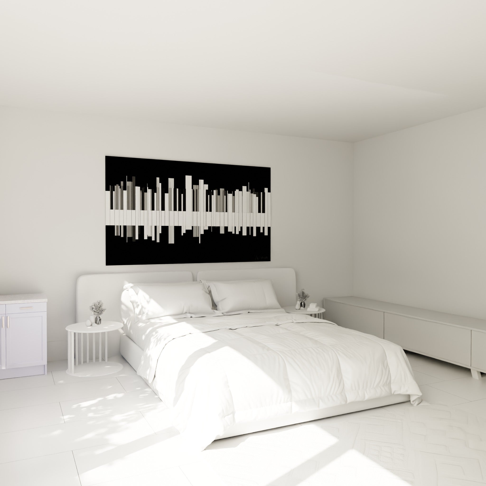 Touches de piano blanches et noires vibrant en désordre, accrochées au-dessus d'un lit dans une chambre claire