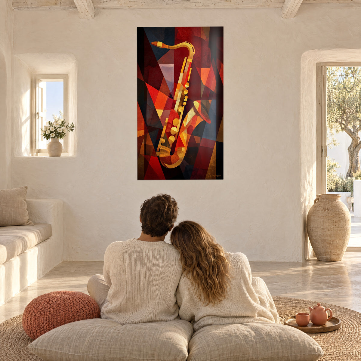 Quadro sax con riflessi dorati su sfondo di triangoli porpora e neri, coppia abbracciata di spalle su cuscini, soggiorno bianco