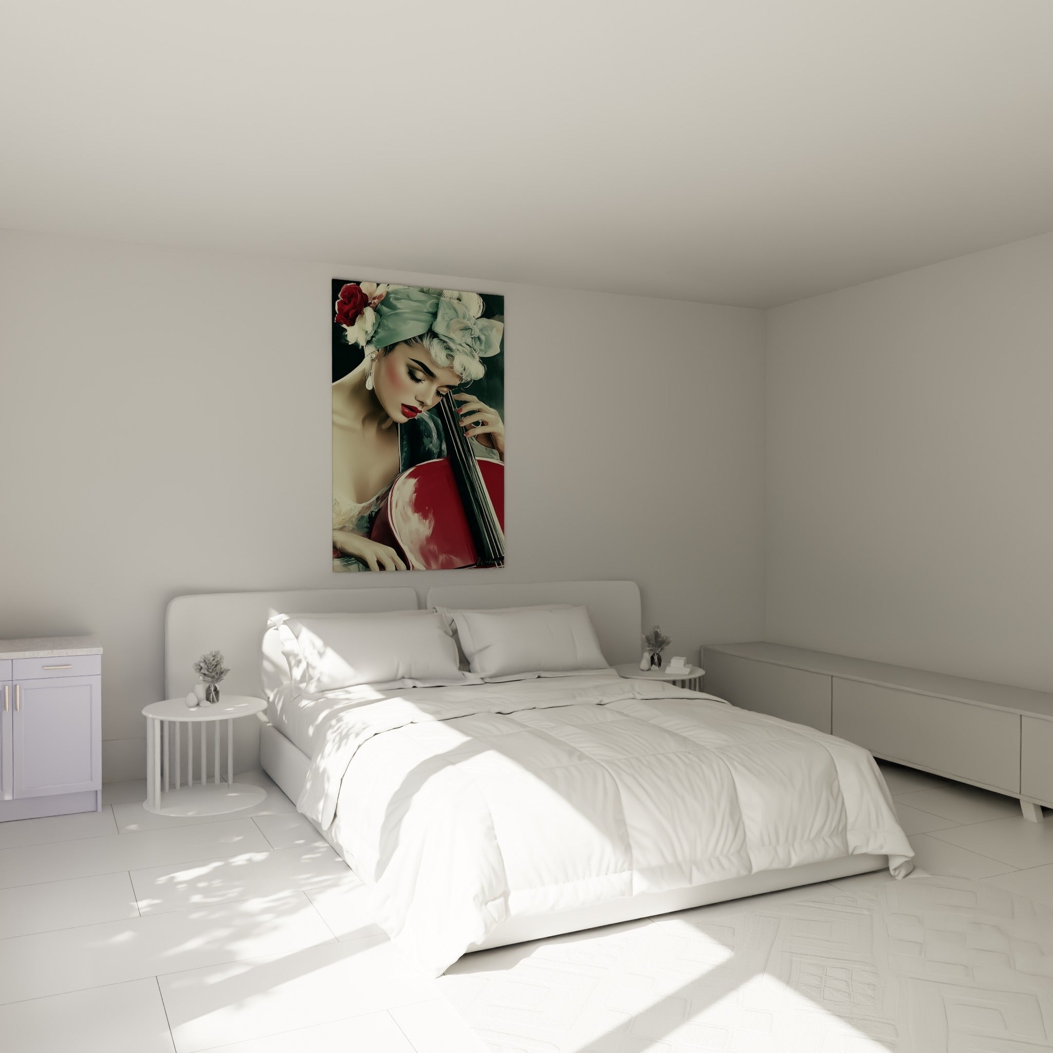 Violoncelliste au turban vert d'eau et robe claire, accrochée au-dessus d'un lit dans une chambre claire