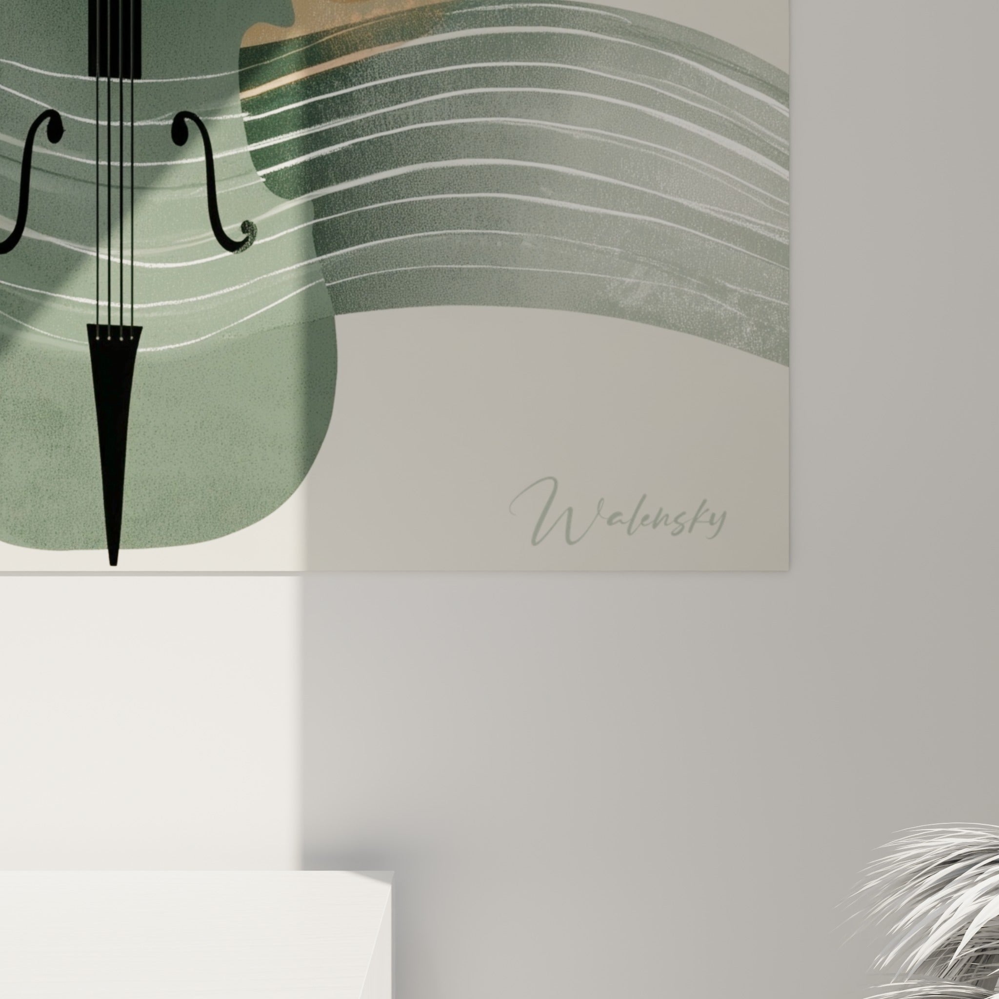 Détail des vagues graphiques noires et des aplats terracotta révélant le grain de l'impression du violoncelle