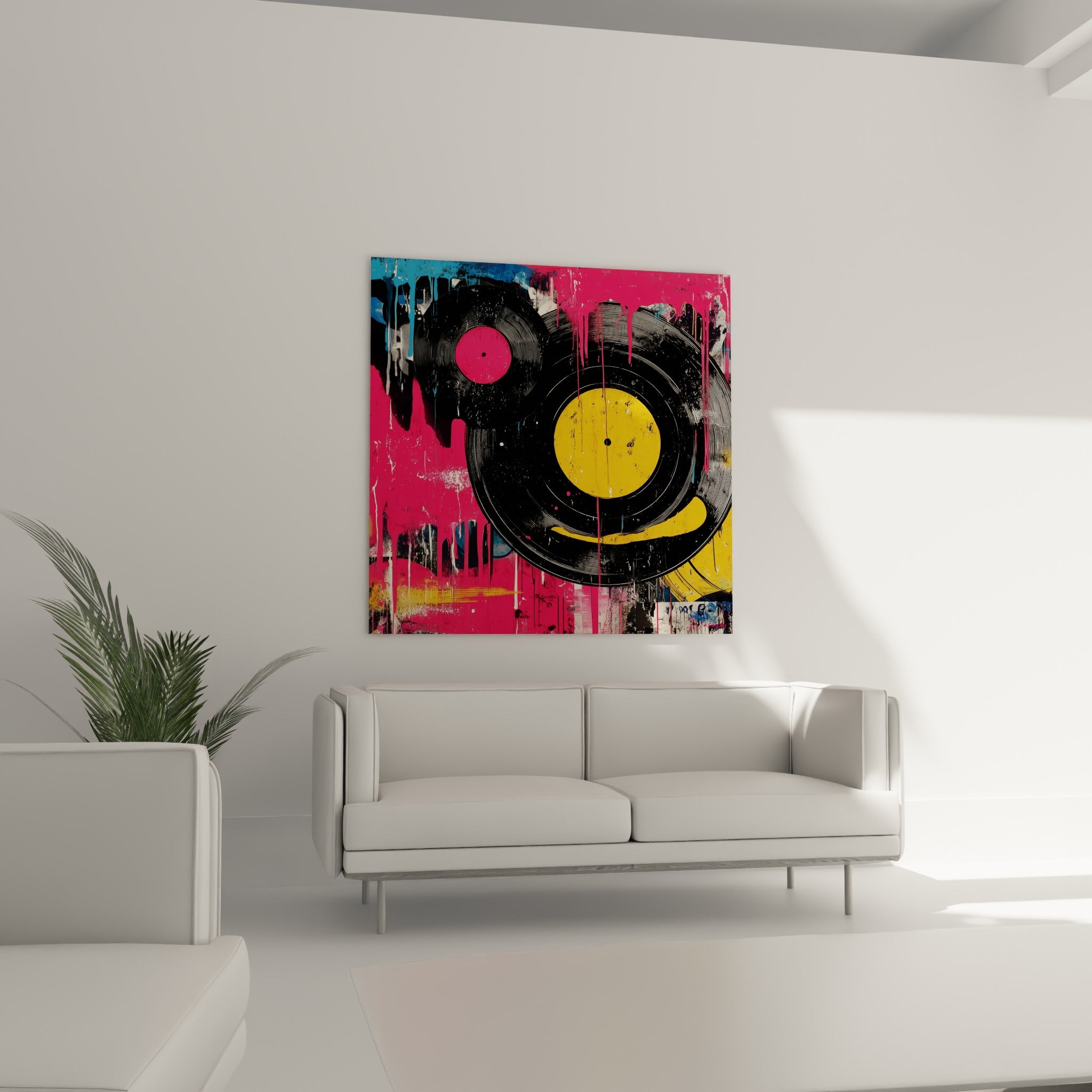 Disque vinyle noir et jaune moutarde entouré de coulures roses accroché au-dessus d'un canapé dans un salon lumineux
