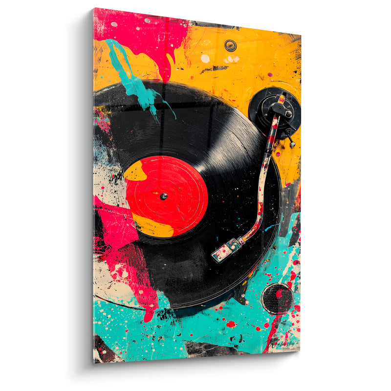Tableau Musique jaune et turquoise vinyle éclaboussé - Platine tourne-disque - Edition Musique