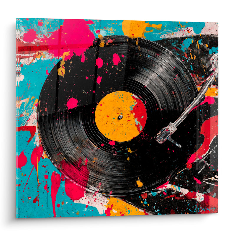 Tableau Musique noir et turquoise vinyle éclaboussé - Bras de lecture - Edition Musique