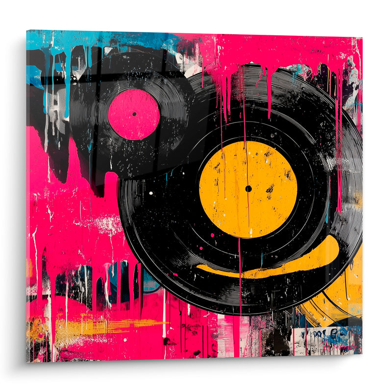 Tableau Musique disques vinyles rose et jaune - Fièvre du dancefloor - Edition Musique