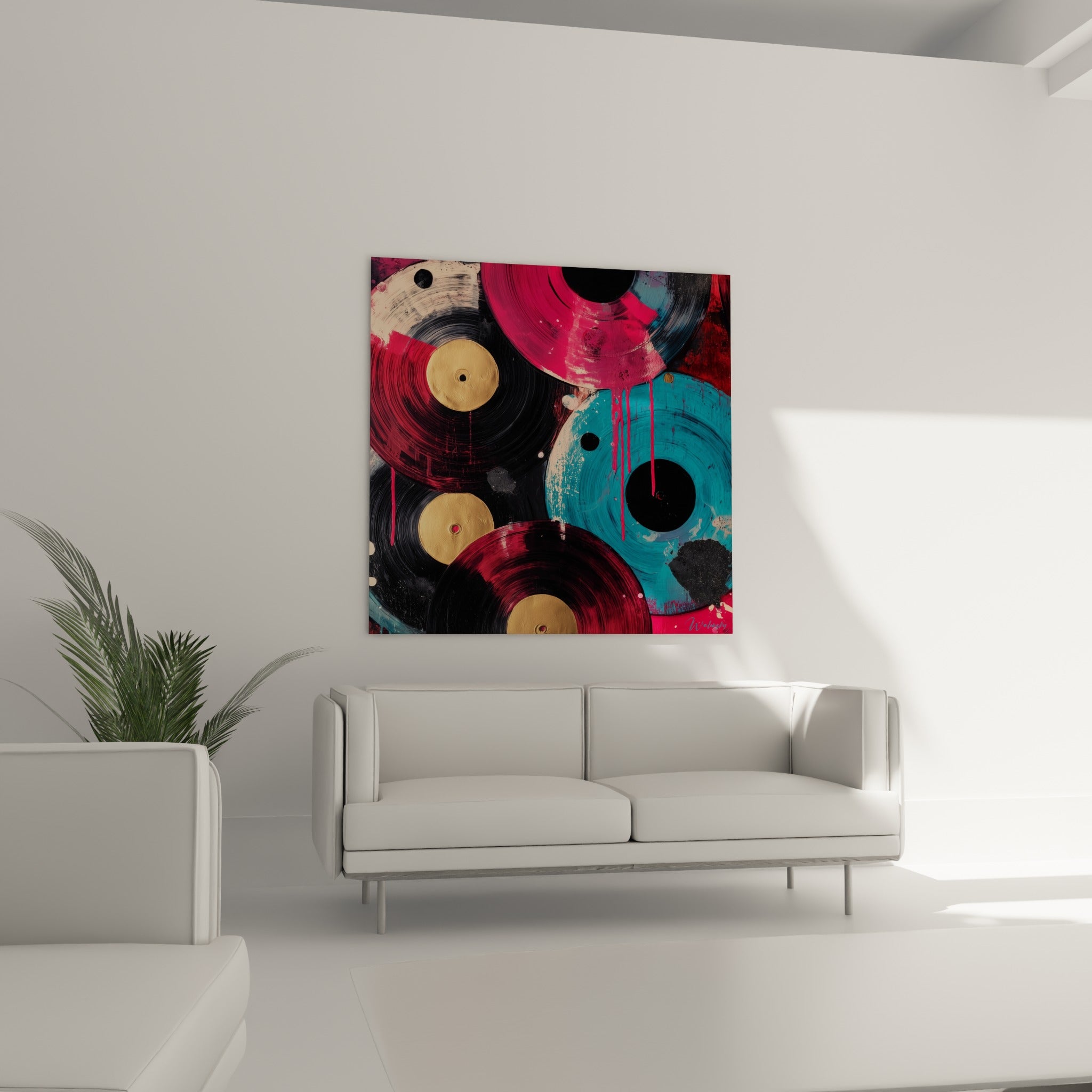 Disques de musique aux teintes bordeaux et turquoise, coulures de peinture rose, au-dessus d'un canapé dans un salon lumineux