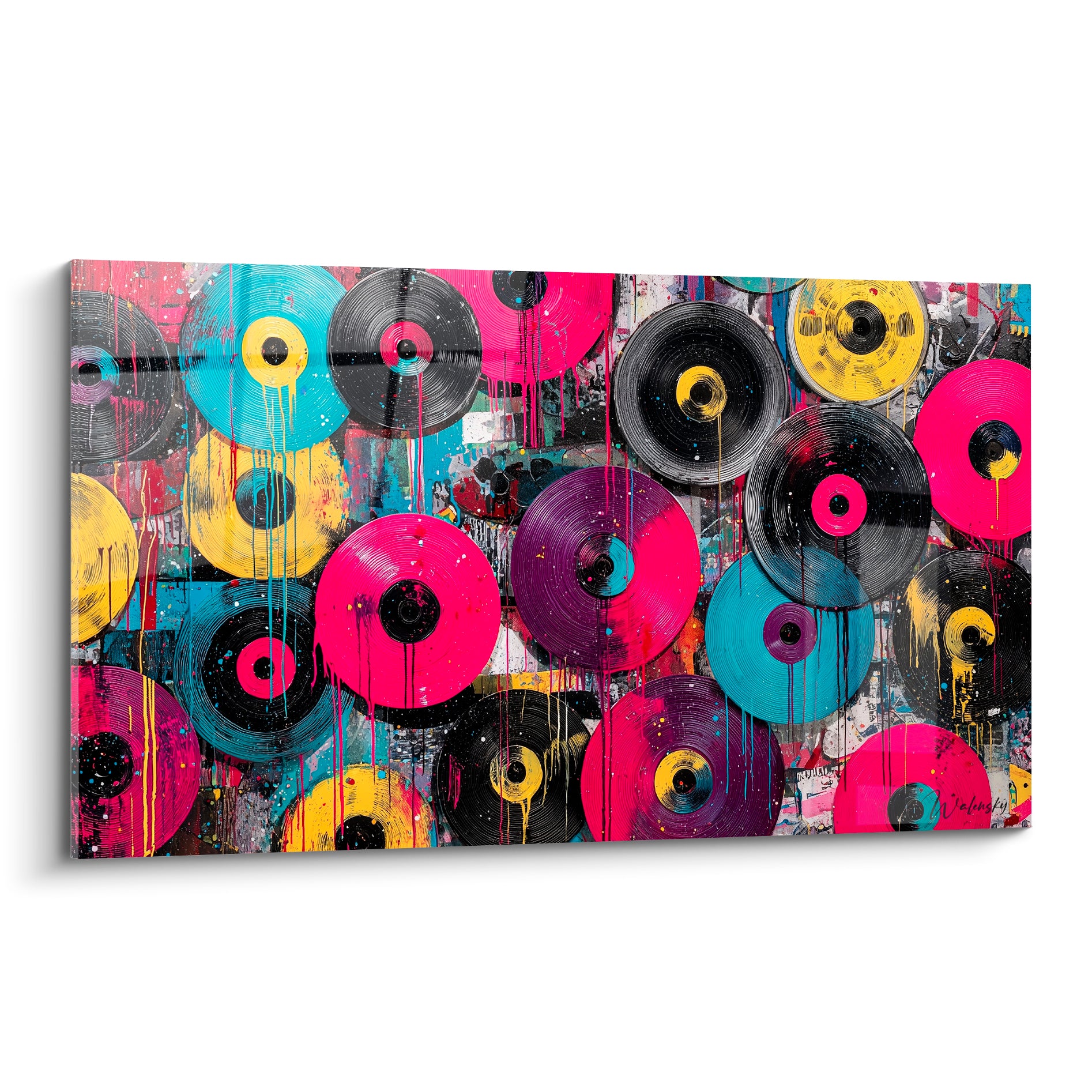 Vinyles empilés rose fuchsia, turquoise et jaune éclaboussés de coulures noires façon Musique urbaine