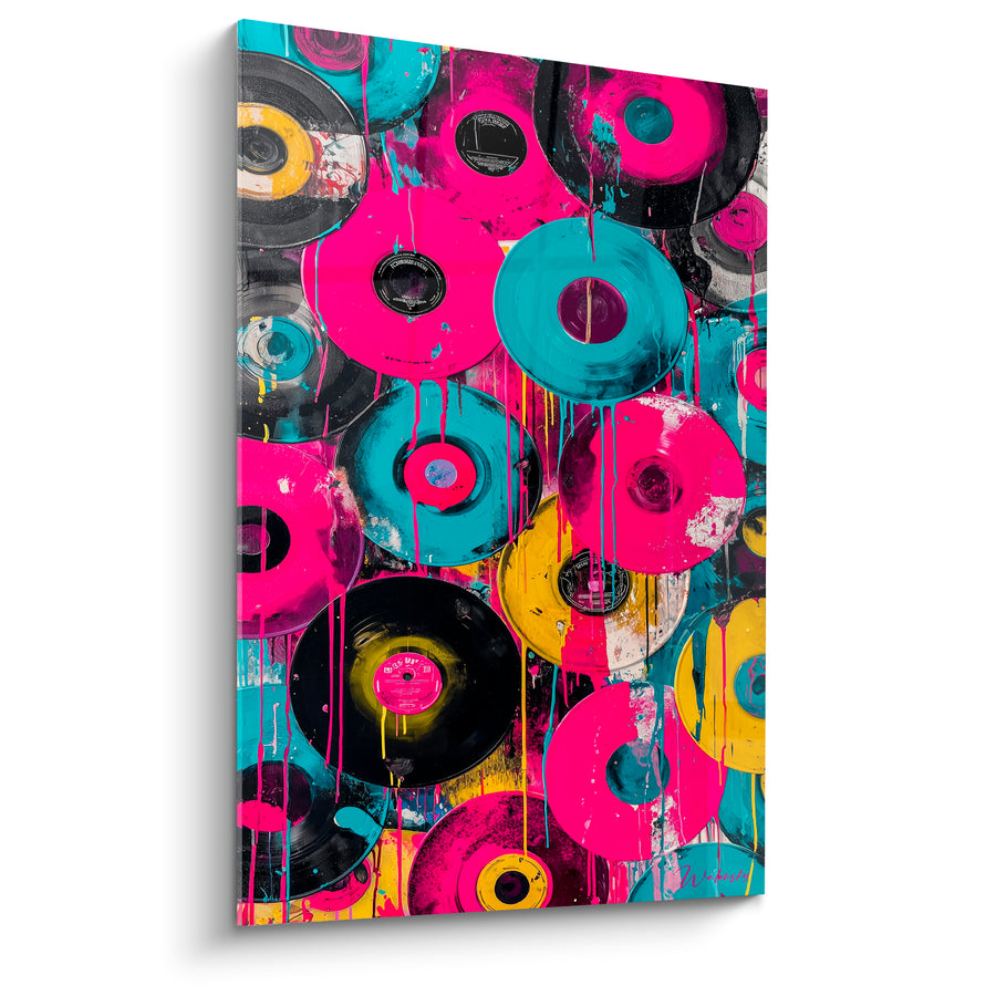 Tableau Musique vinyles roses turquoise éclaboussures peinture - Explosion vinylique - Edition Musique