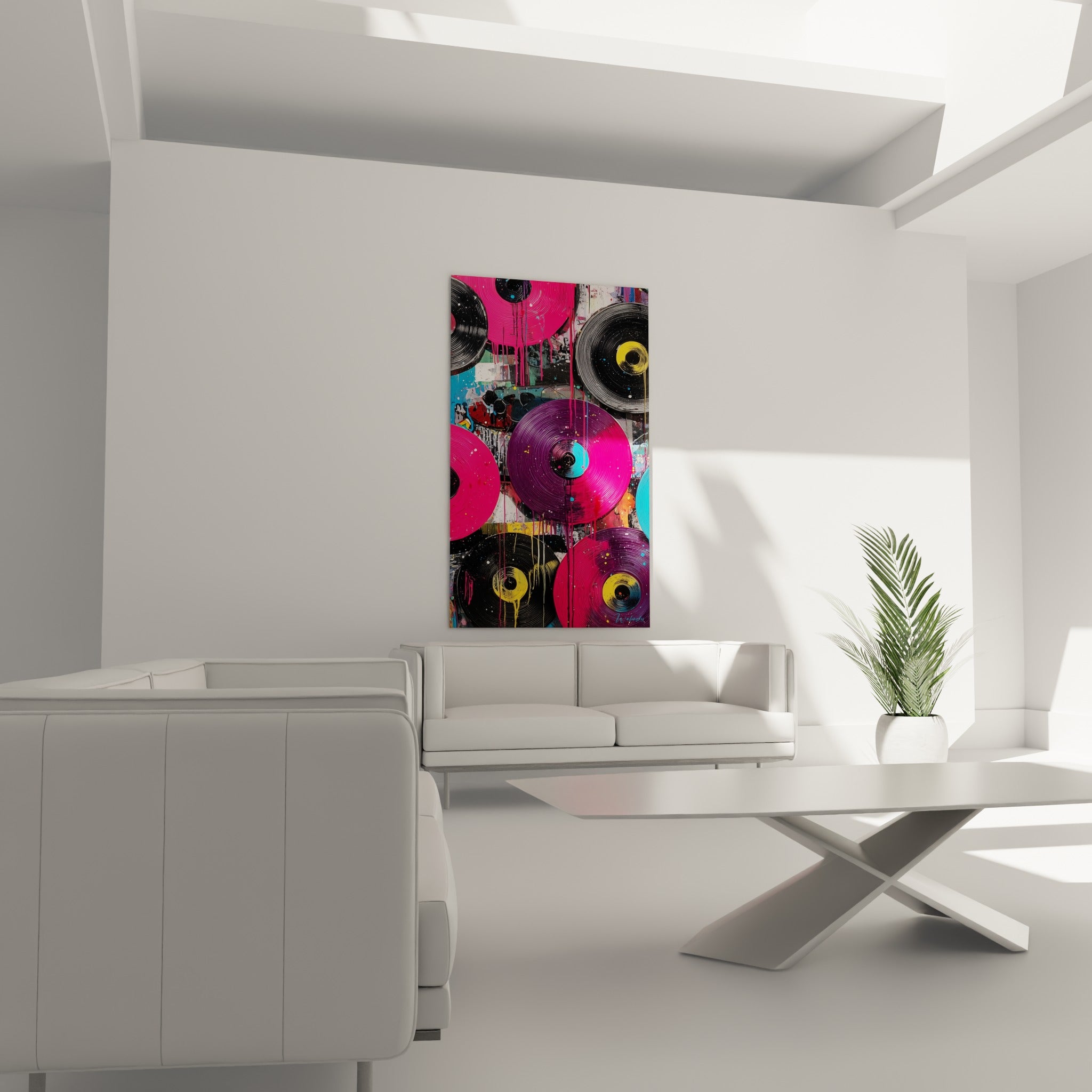 Composition de vinyles violets et jaunes au-dessus d'un canapé dans un salon lumineux et actuel