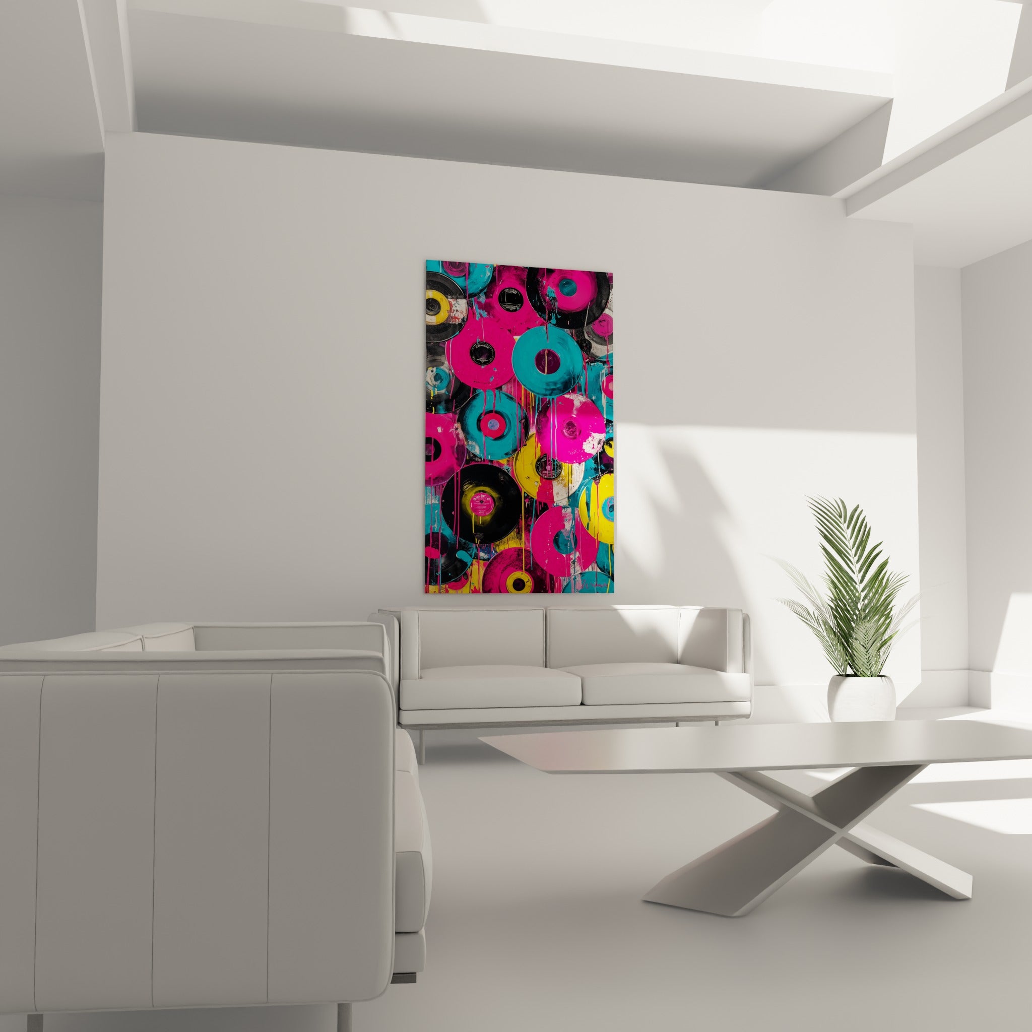 Empilement de vinyles noir, fuchsia et jaune aux coulures vibrantes, au-dessus d'un canapé dans un salon lumineux