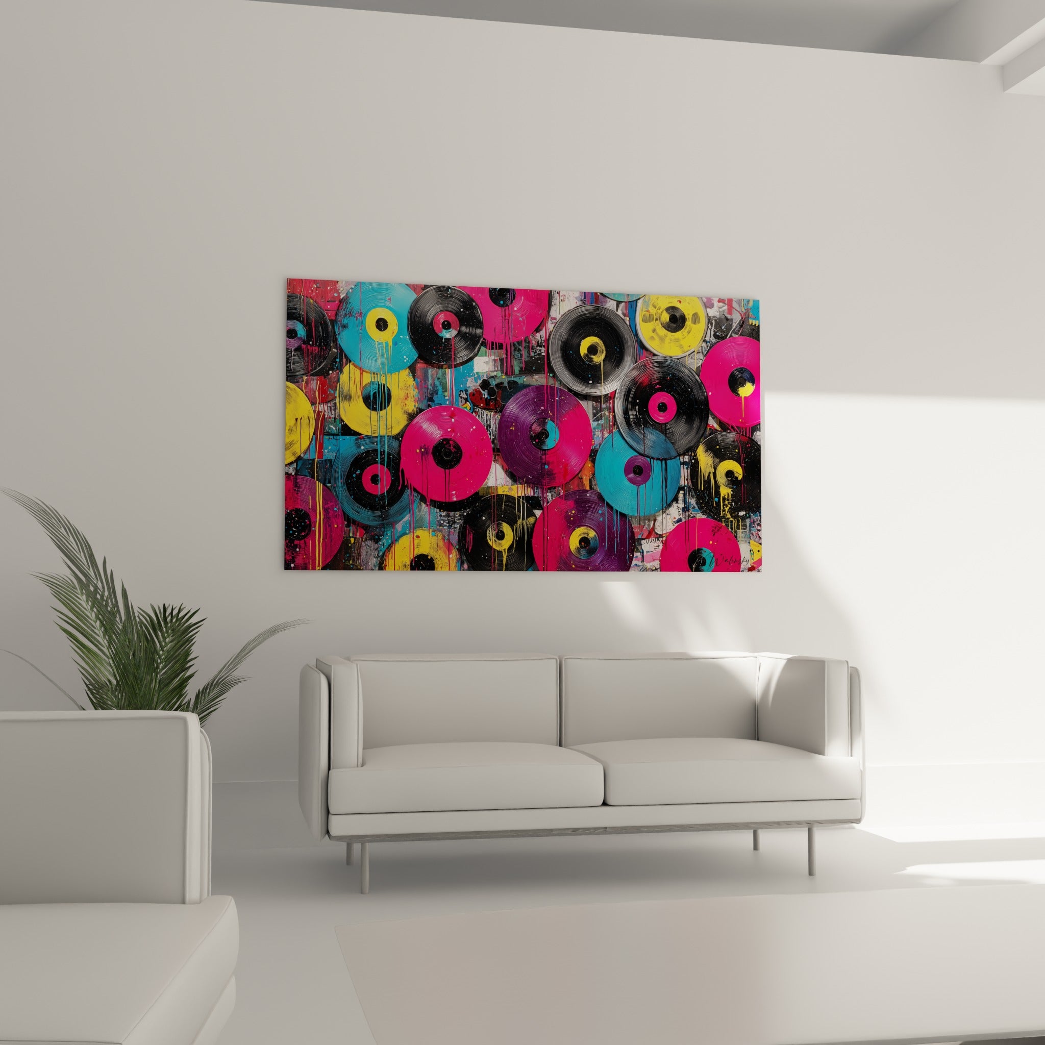 Rondelles de vinyles noirs et roses éclaboussés de peinture jaune au-dessus d'un canapé dans un salon lumineux