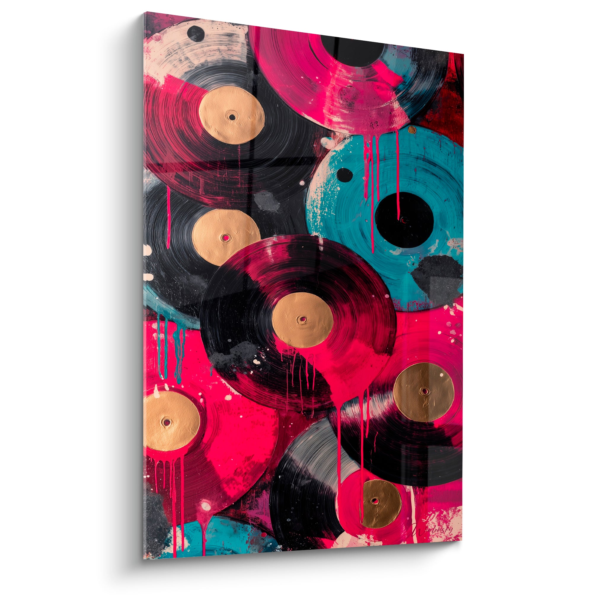 Musique en vinyles empilés rose fuchsia, turquoise et doré, coulures noires et effet rotatif peint