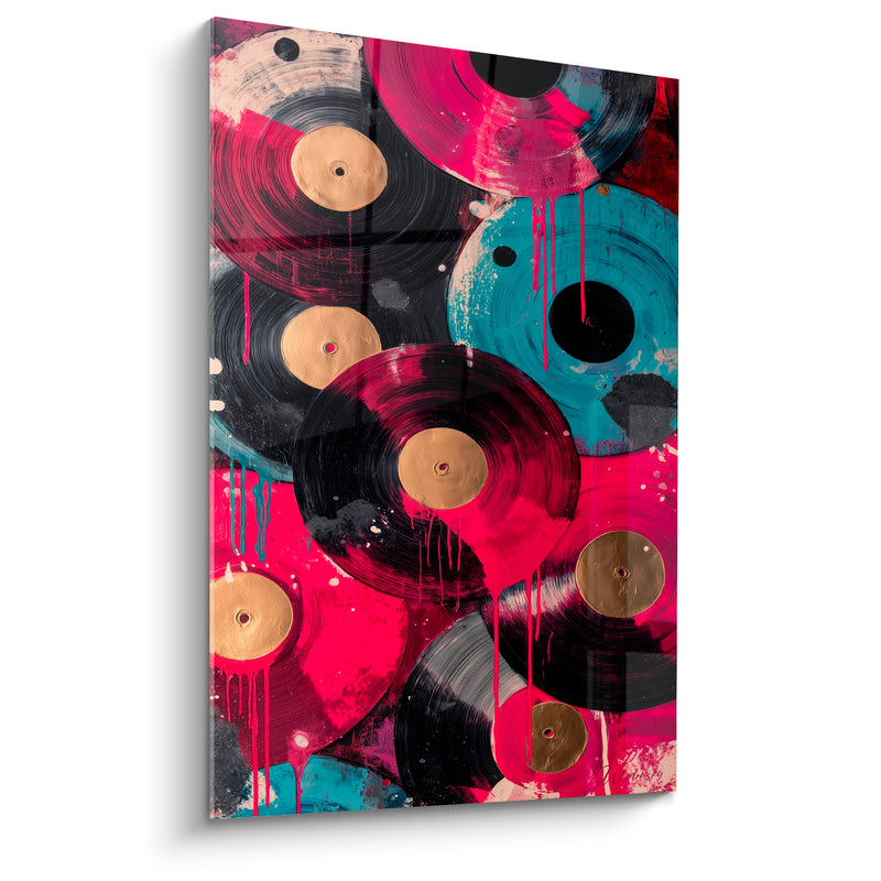 Tableau Musique rose et turquoise vinyles empilés - Disques dorés superposés - Edition Musique