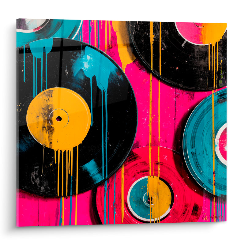 Tableau Musique rose et jaune vinyles éclaboussés - Disques empilés - Edition Musique
