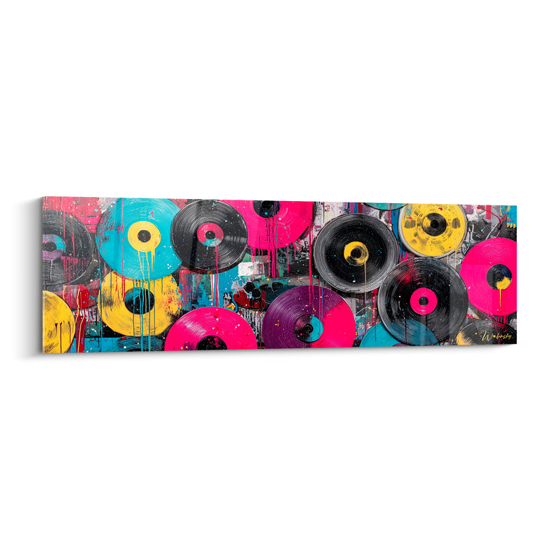 Tableau Musique rose et turquoise vinyles empilés - Collection de disques - Edition Musique