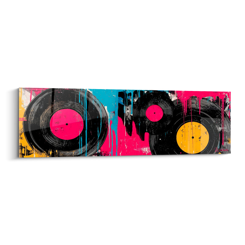 Tableau Musique rose et jaune vinyles superposés - Disques vinyles éclaboussés - Edition Musique