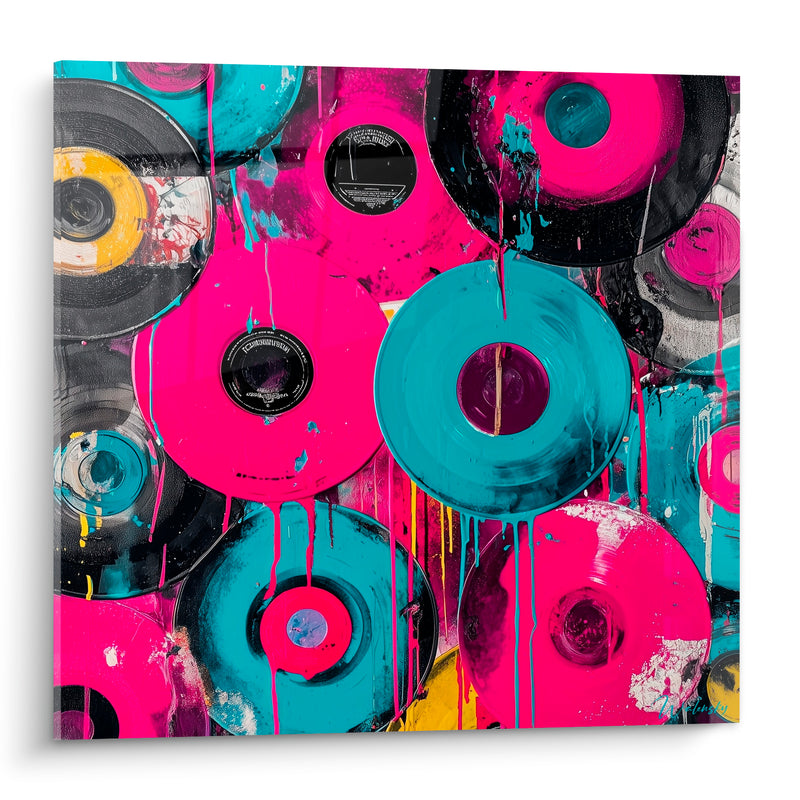 Tableau Musique rose fuchsia et turquoise vinyles empilés - Disques vinyles dégoulinants - Edition Musique