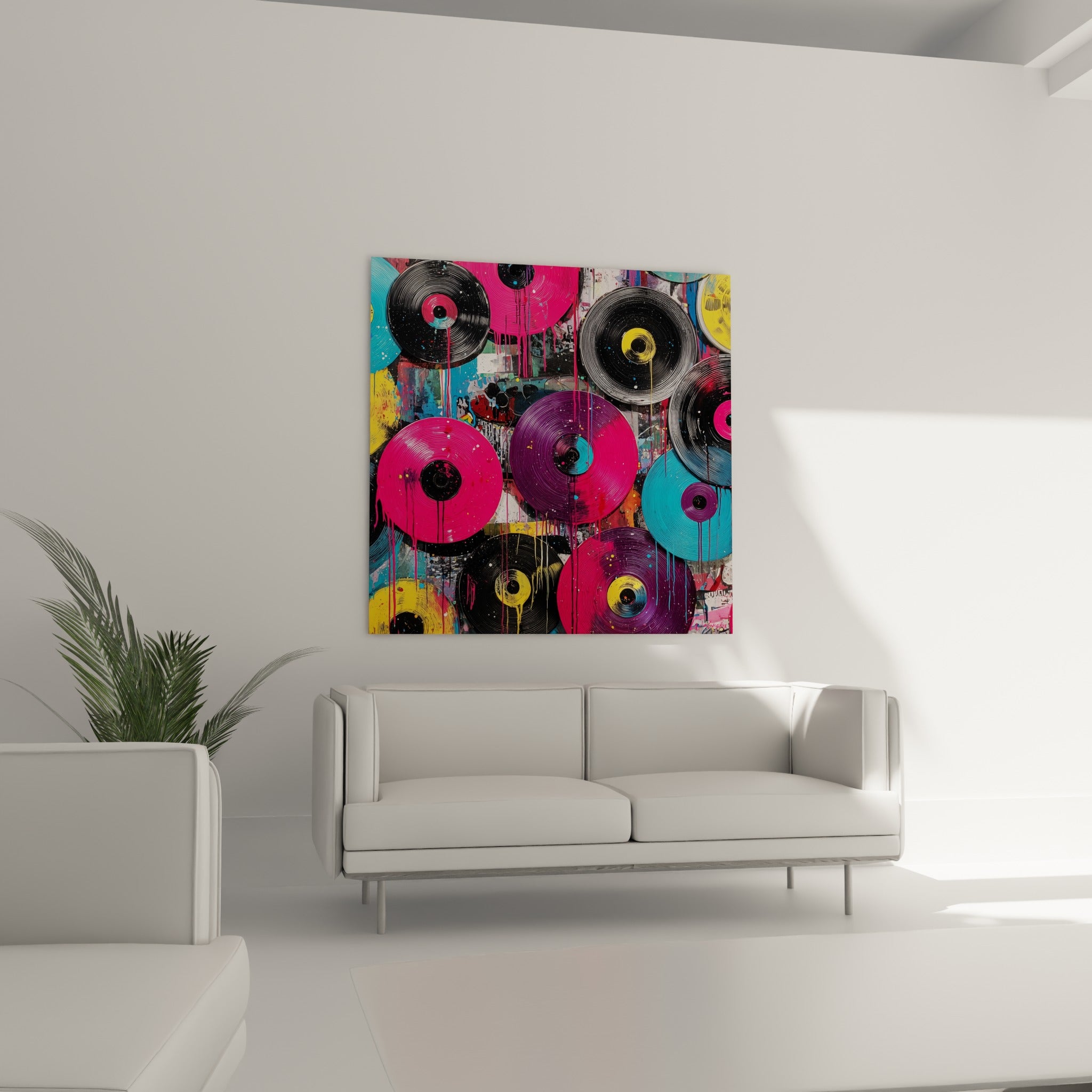 Collection de vinyles turquoise et pourpres éclaboussés placée au-dessus d'un canapé dans un salon lumineux