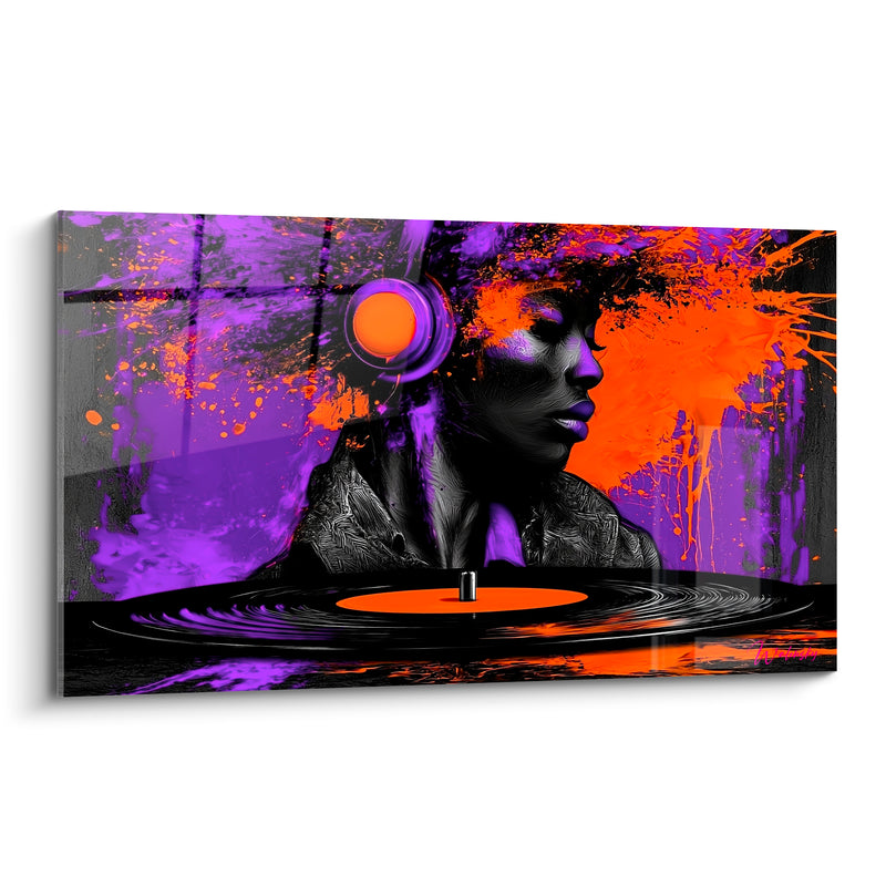 Tableau Musique violet et orange vinyle tournant - Casque audio DJ - Edition Musique
