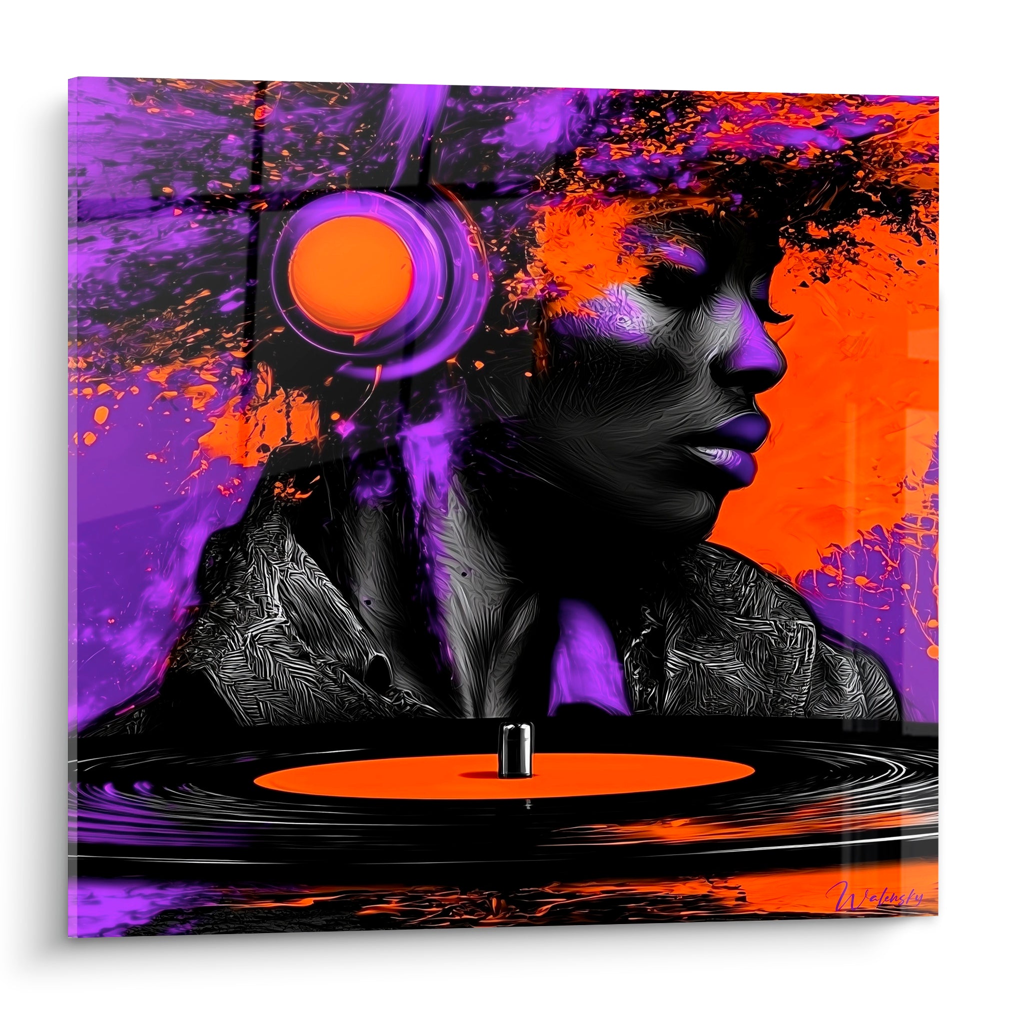 Portrait Musique aux tons violet et orange, casque circulaire et vinyle en peinture texturée