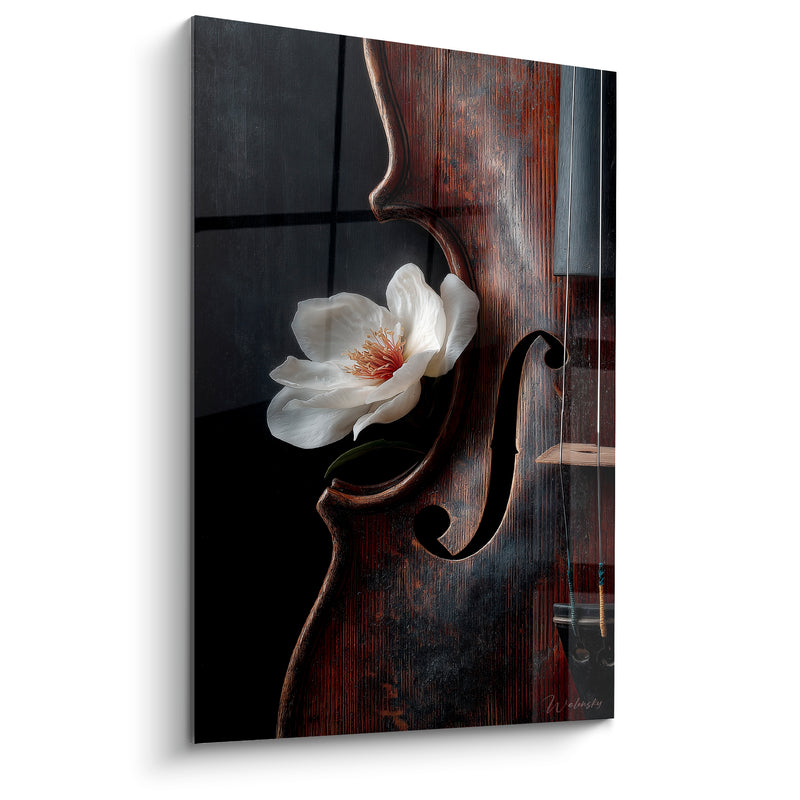 Tableau Musique violon acajou et fleur blanche - Douceur silencieuse - Edition Musique