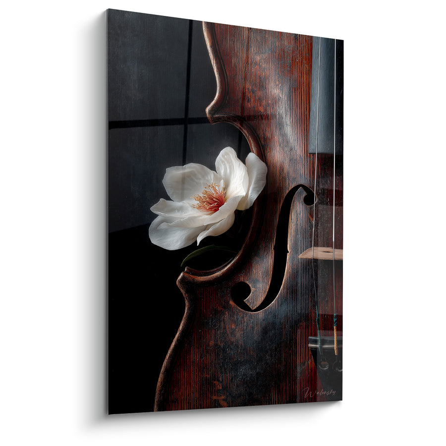 Tableau Musique violon acajou et fleur blanche - Douceur silencieuse - Edition Musique