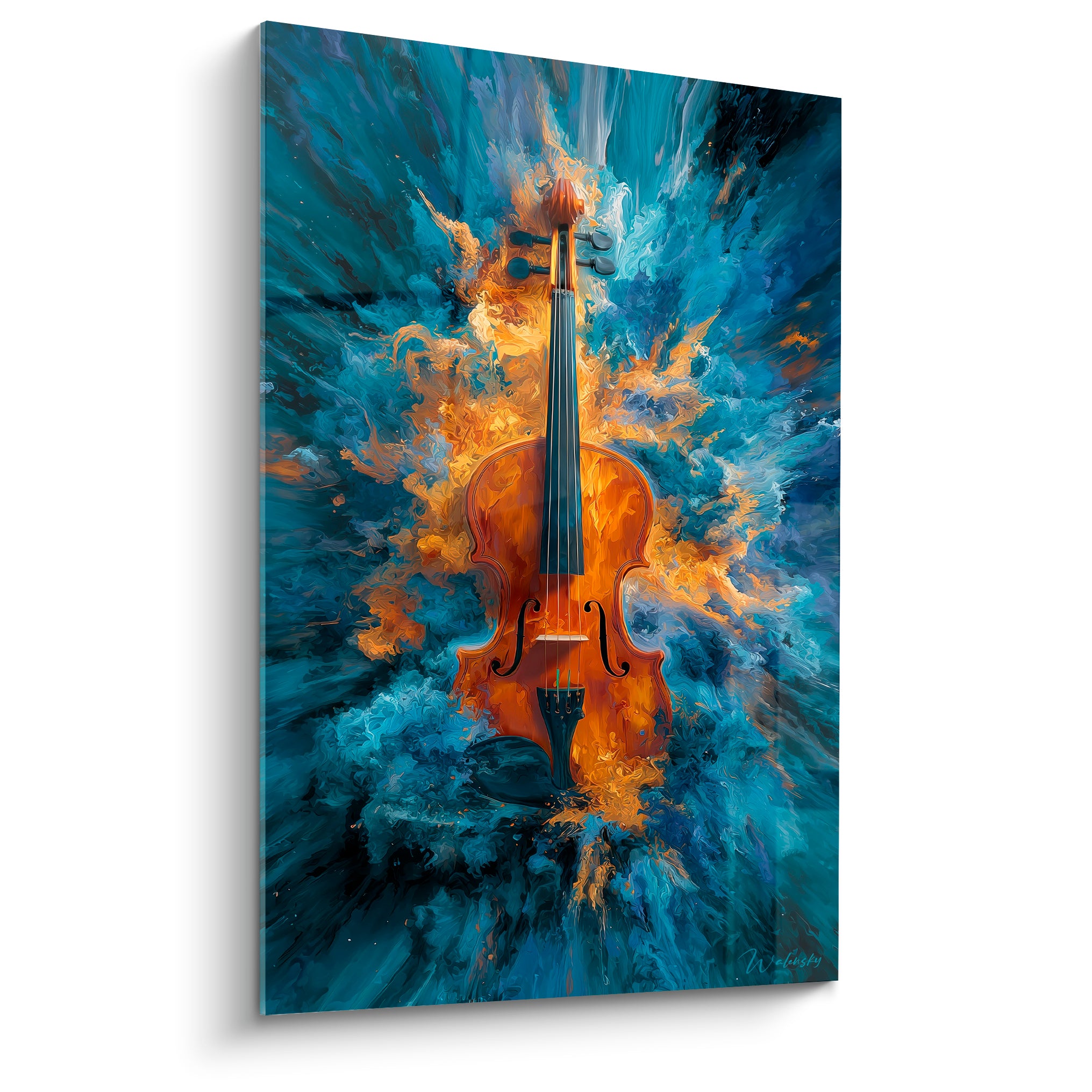 Violon ambré jaillissant d'un tourbillon bleu marine et turquoise, style peinture expressive et lumineuse