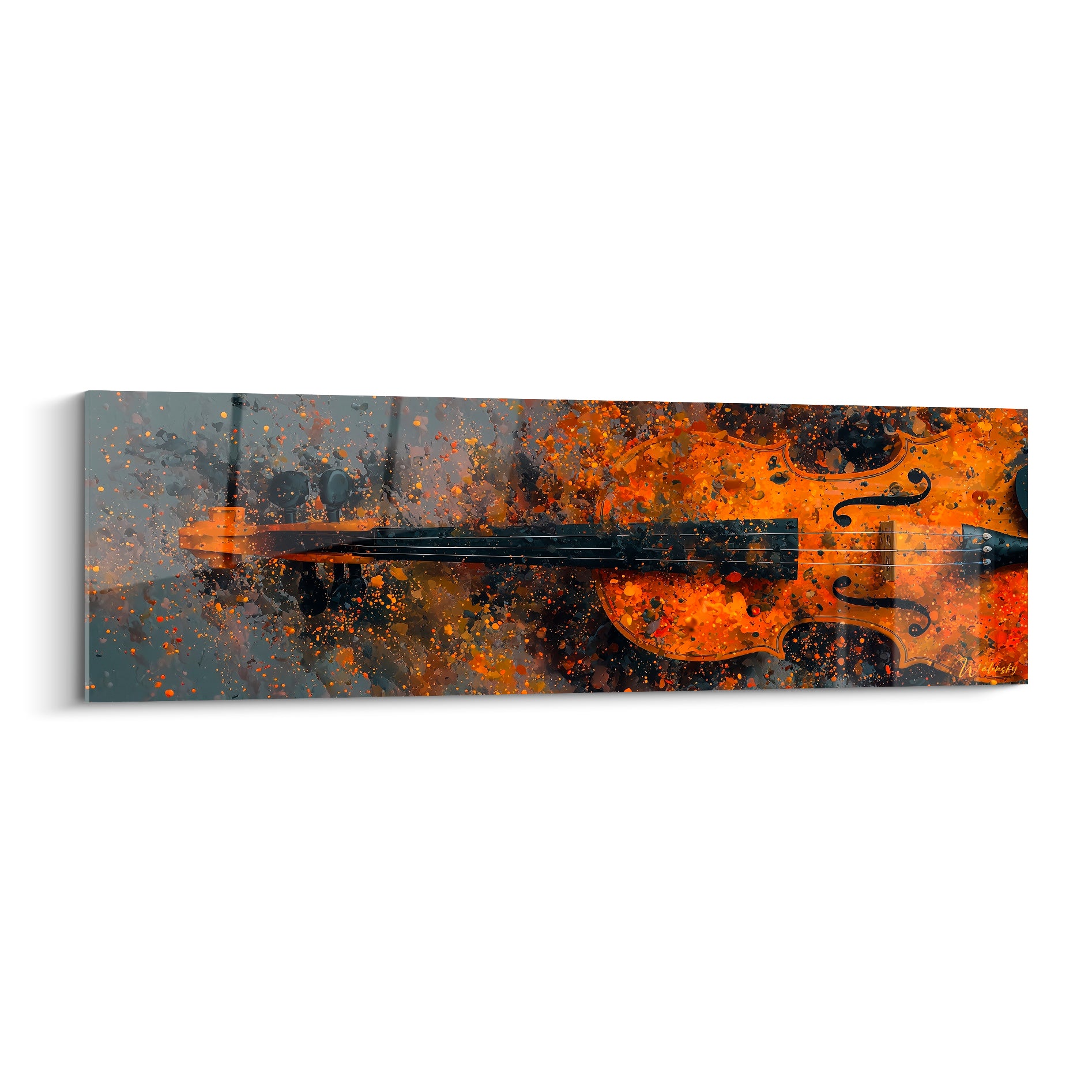 Violon ambre et anthracite éclaboussé, cordier noir net, composition abstraite panoramique